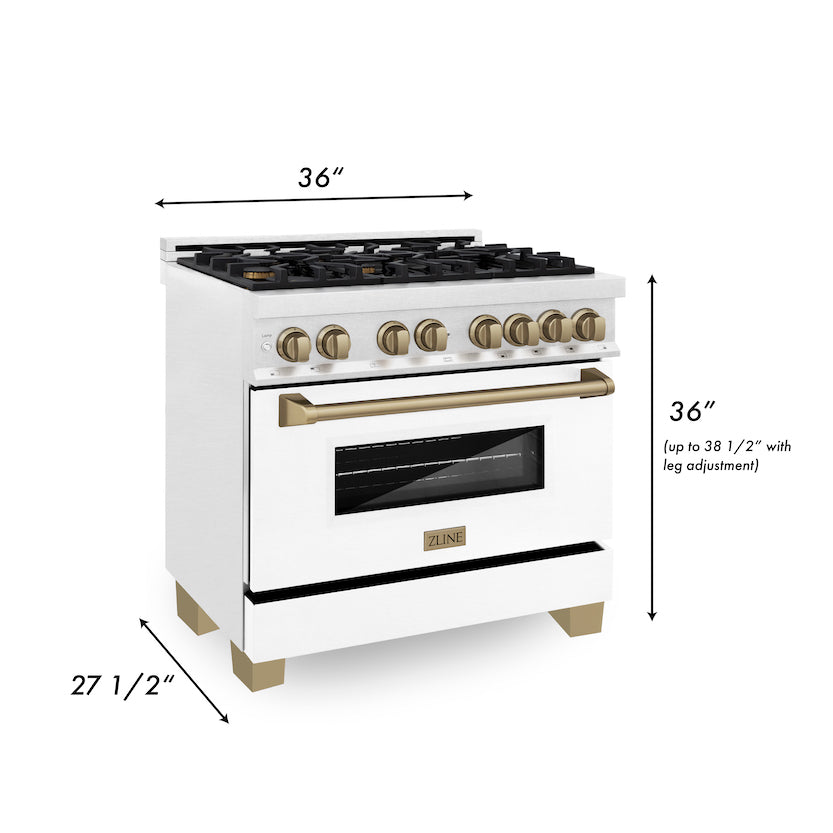 ZLINE Autograph Edition 36 in. 4.6 cu. ft. Legacy Dual Fuel Range with 6 Sealed Gas Burners and Electric Convection Oven in Satin Stainless Steel with White Matte Door and Champagne Bronze Accents (RASZ-WM-36-CB)