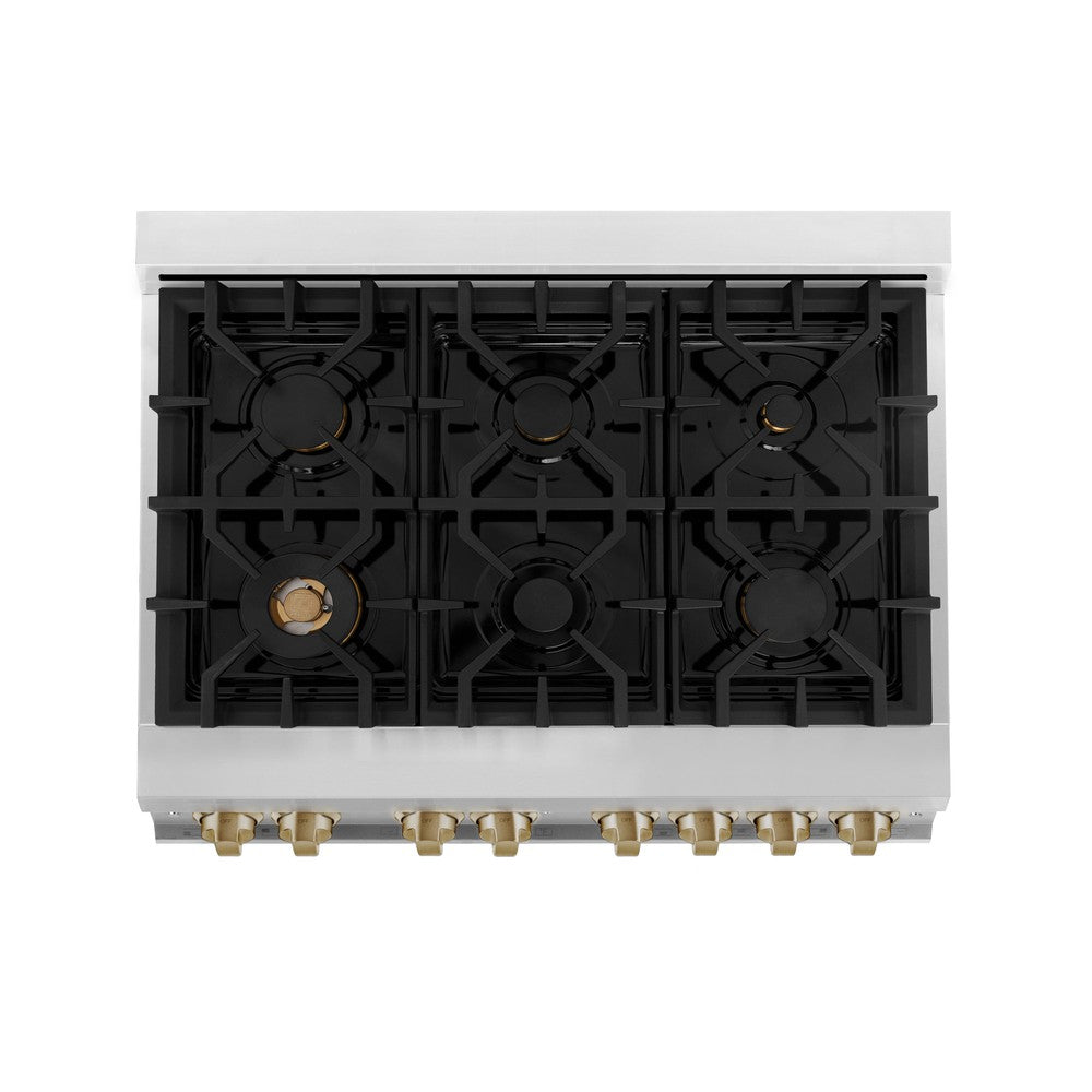 ZLINE Autograph Edition 36 in. 4.6 cu. ft. Dual Fuel Range with Gas Cooktop and Electric Convection Oven, White Matte Door with Champagne Bronze Accents (RAZ-WM-36-CB)