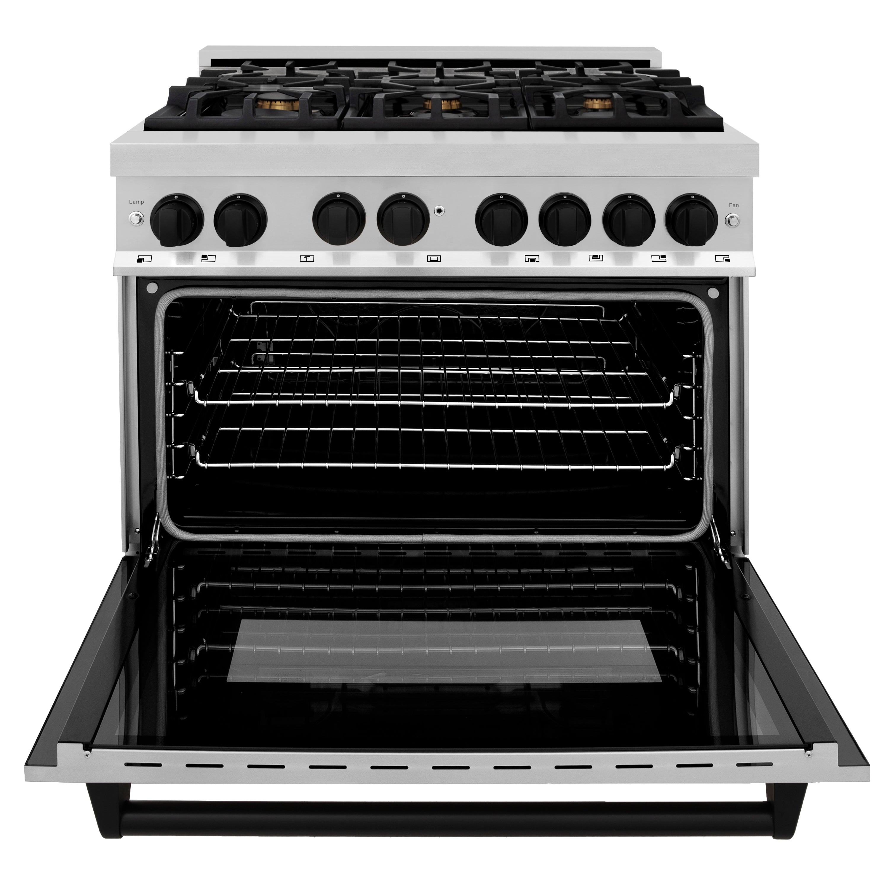 ZLINE Autograph Edition 36 in. 4.6 cu. ft. Dual Fuel Range with Gas Cooktop and Electric Convection Oven in Stainless Steel with Black Matte Accents (RAZ-36-MB)