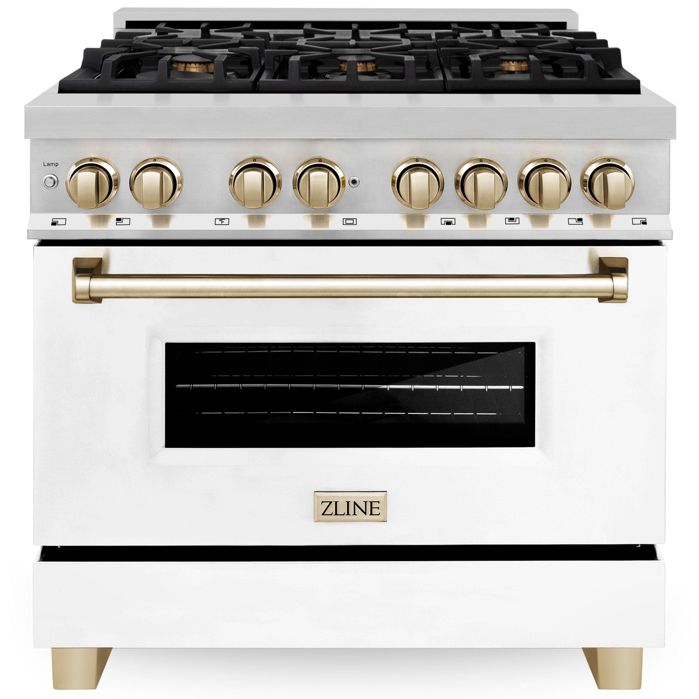 ZLINE Autograph 36 in. 4.6 cu. ft. Dual Fuel Range with White Matte Door and Gold Accents (RAZ-WM-36-G)