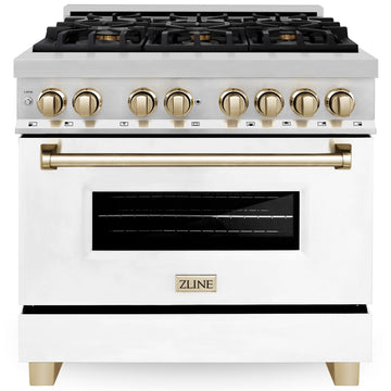 ZLINE Autograph 36 in. 4.6 cu. ft. Dual Fuel Range with White Matte Door and Gold Accents (RAZ-WM-36-G)