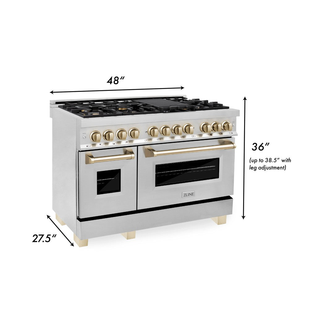 ZLINE Autograph Edition 48-Inch Dual Fuel Range, 6.0 cu. ft. Oven, Stainless Steel with Gold Accents (Model RAZ-48-G)