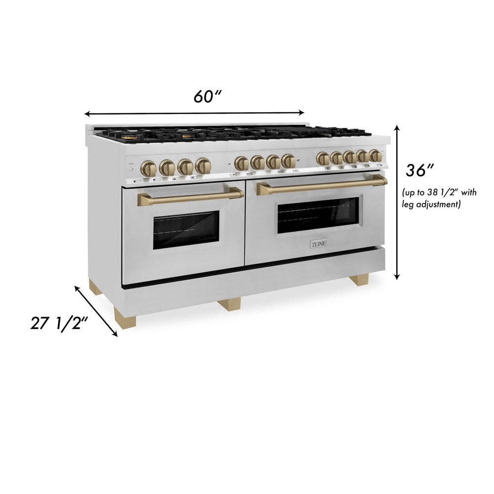 ZLINE Autograph 60 in. 7.4 cu. ft. Dual Fuel Range with Gas Cooktop and Electric Convection Ovens in Stainless Steel with Champagne Bronze Accents (RAZ-60-CB)