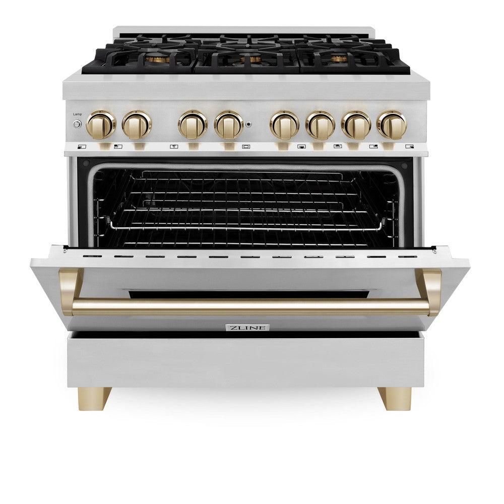 ZLINE Autograph Edition 36-inch Dual Fuel Range, 4.6 cu ft Oven, Stainless Steel with Gold Accents (Model RAZ-36-G)