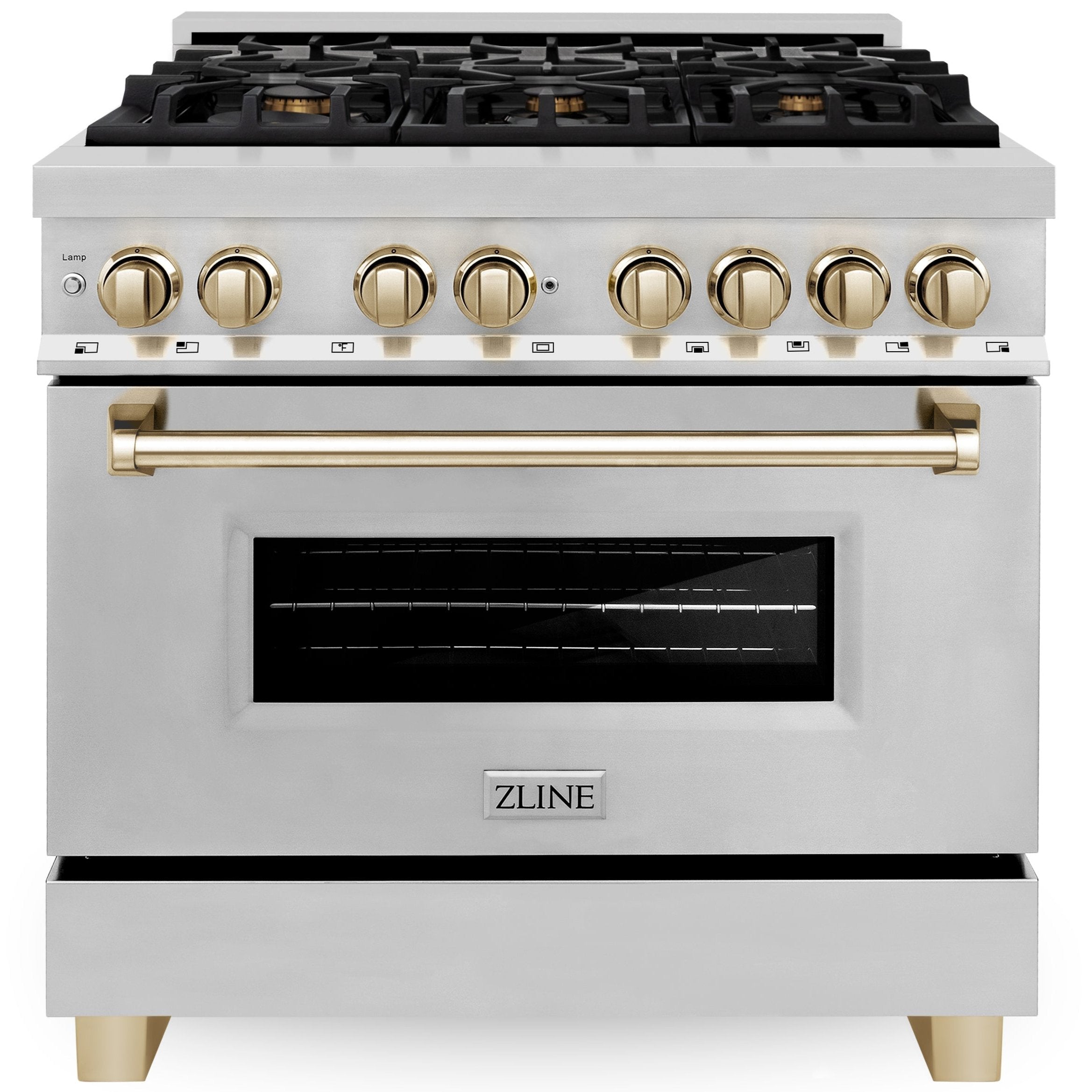 ZLINE Autograph Edition 36-inch Dual Fuel Range, 4.6 cu ft Oven, Stainless Steel with Gold Accents (Model RAZ-36-G)