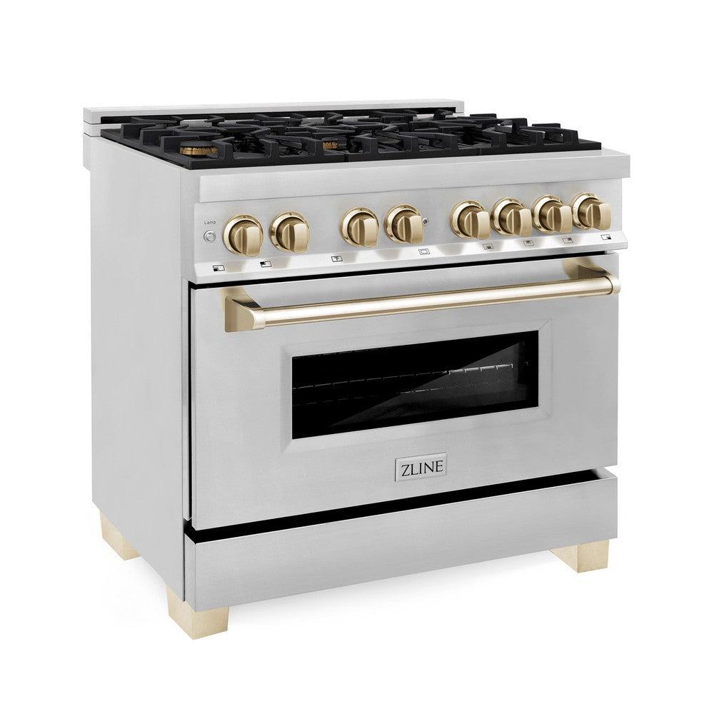 ZLINE Autograph Edition 36-inch Dual Fuel Range, 4.6 cu ft Oven, Stainless Steel with Gold Accents (Model RAZ-36-G)