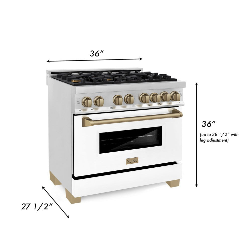 ZLINE Autograph Edition 36 in. 4.6 cu. ft. Dual Fuel Range with Gas Cooktop and Electric Convection Oven, White Matte Door with Champagne Bronze Accents (RAZ-WM-36-CB)