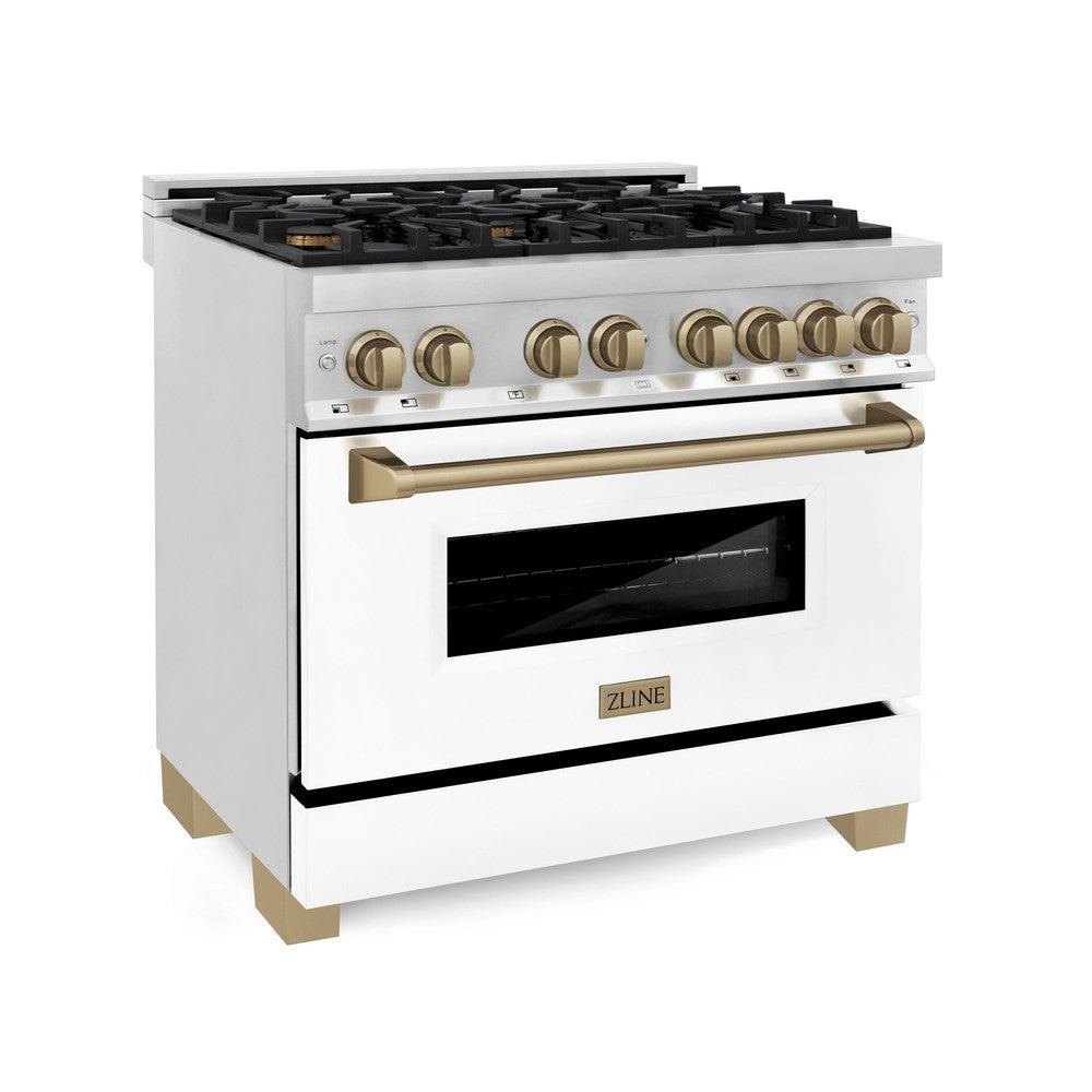 ZLINE Autograph Edition 36 in. 4.6 cu. ft. Dual Fuel Range with Gas Cooktop and Electric Convection Oven, White Matte Door with Champagne Bronze Accents (RAZ-WM-36-CB)
