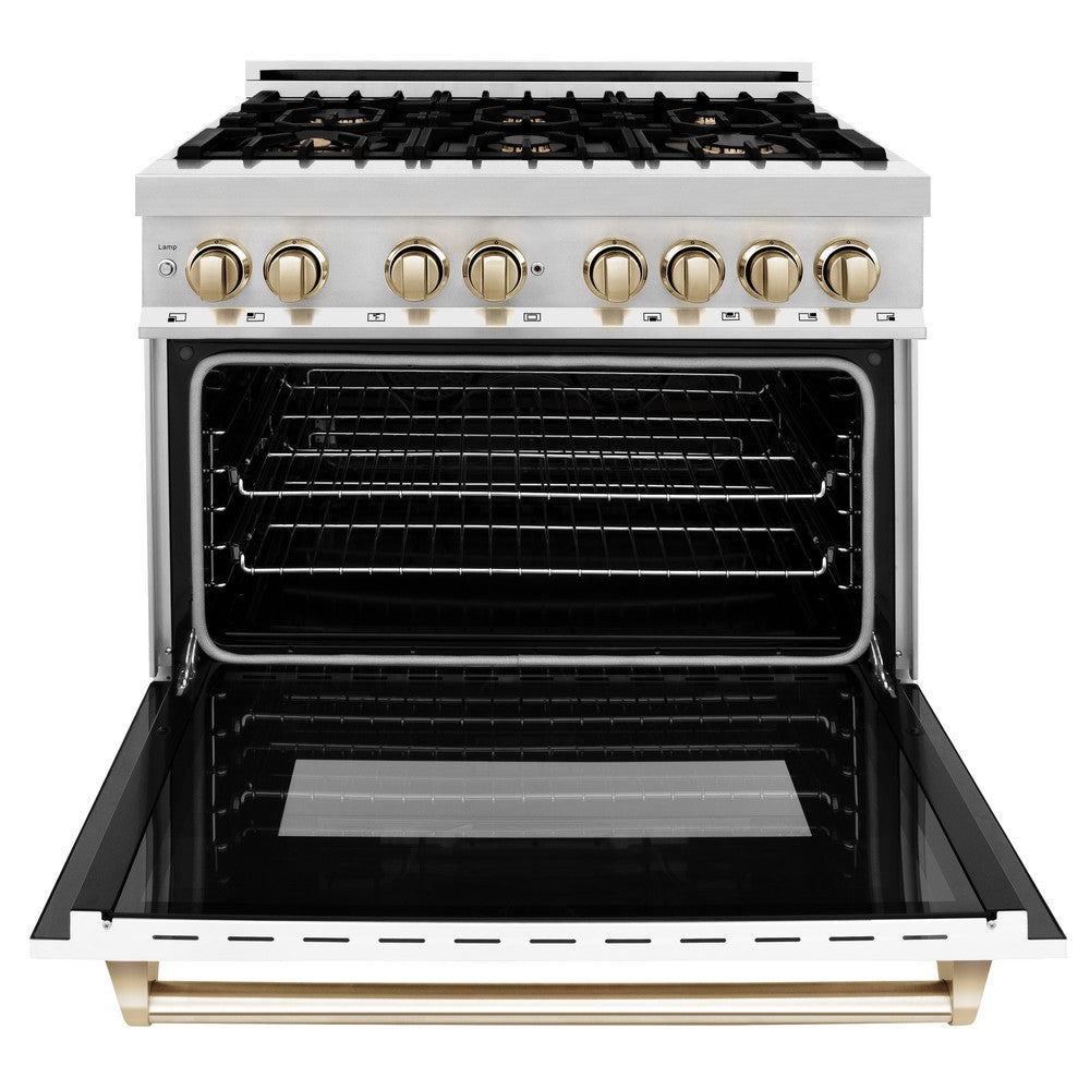 ZLINE Autograph 36 in. 4.6 cu. ft. Dual Fuel Range with White Matte Door and Gold Accents (RAZ-WM-36-G)