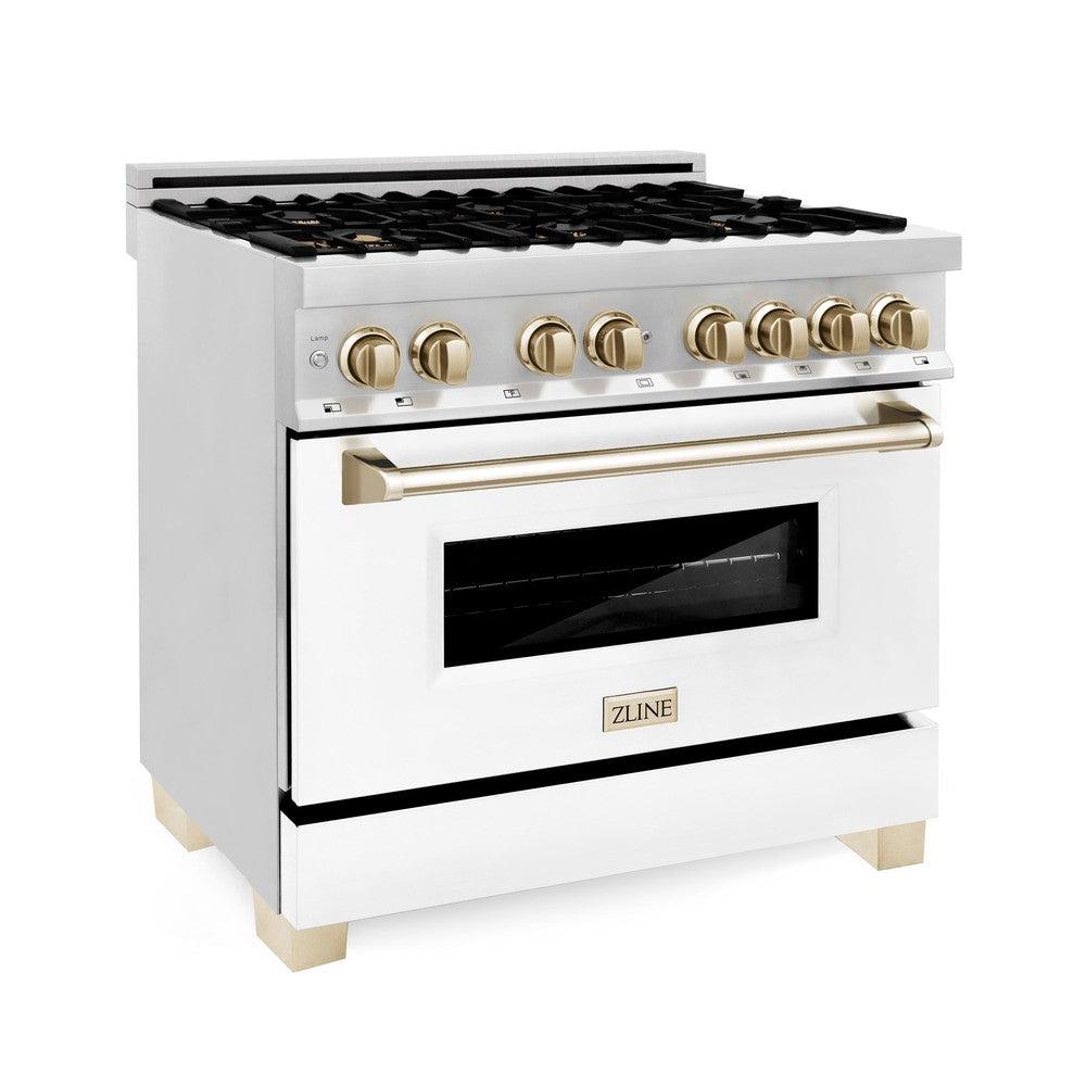 ZLINE Autograph 36 in. 4.6 cu. ft. Dual Fuel Range with White Matte Door and Gold Accents (RAZ-WM-36-G)