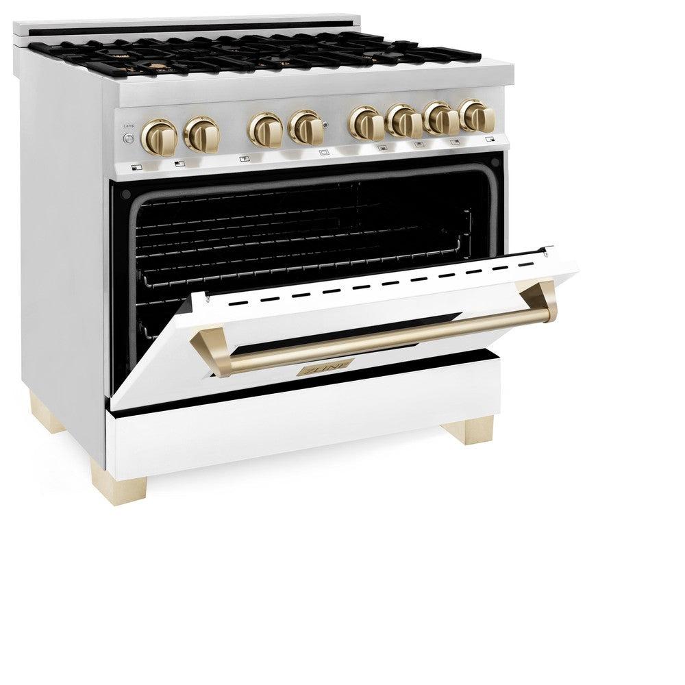 ZLINE Autograph 36 in. 4.6 cu. ft. Dual Fuel Range with White Matte Door and Gold Accents (RAZ-WM-36-G)