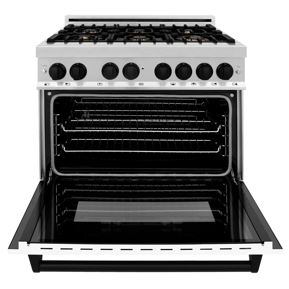 ZLINE Autograph 36 in. 4.6 cu. ft. Dual Fuel Range in Stainless Steel with White Matte Door and Matte Black Accents (RAZ-WM-36-MB)