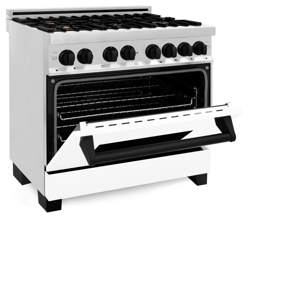 ZLINE Autograph 36 in. 4.6 cu. ft. Dual Fuel Range in Stainless Steel with White Matte Door and Matte Black Accents (RAZ-WM-36-MB)