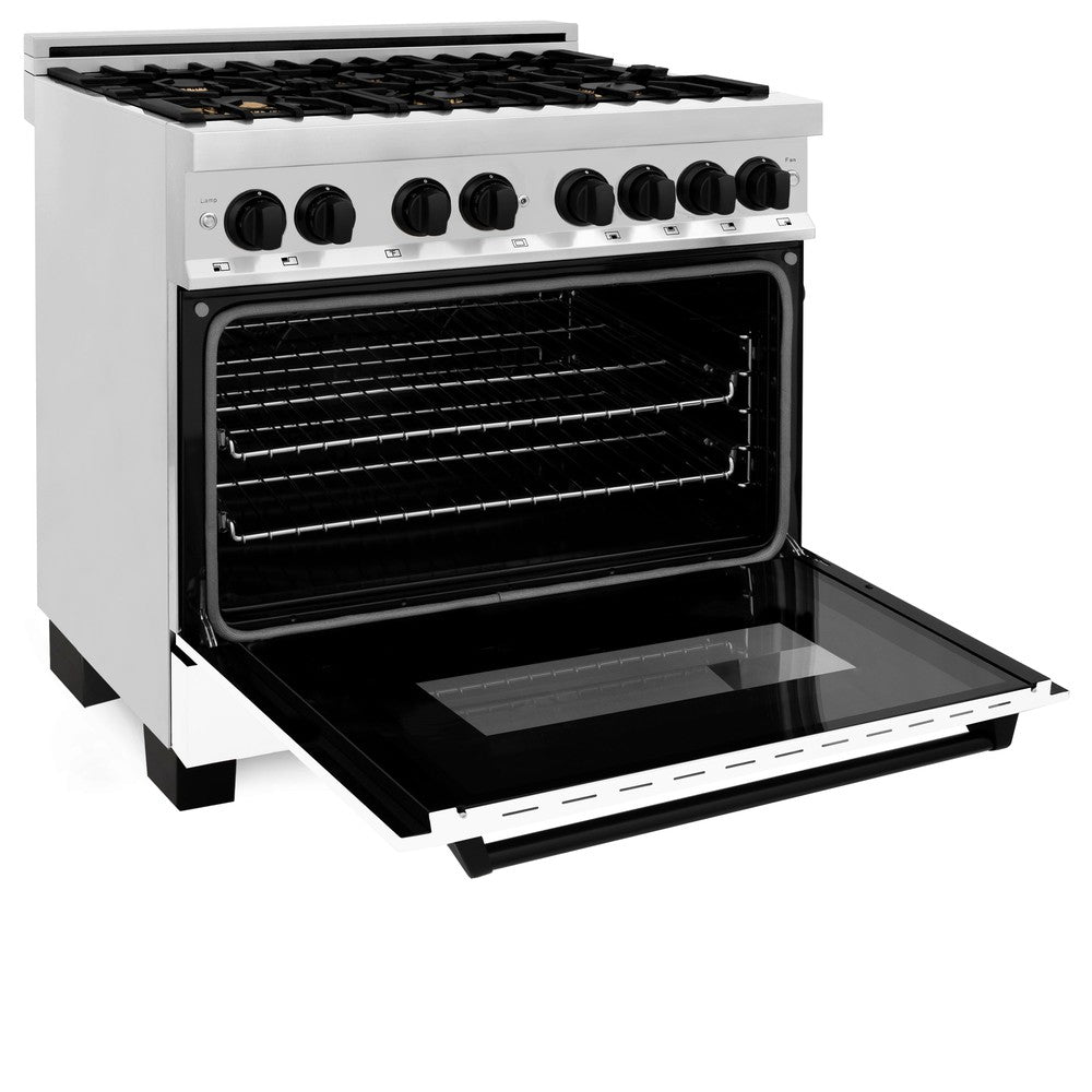 ZLINE Autograph 36 in. 4.6 cu. ft. Dual Fuel Range in Stainless Steel with White Matte Door and Matte Black Accents (RAZ-WM-36-MB)