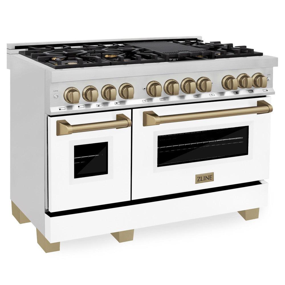 ZLINE Autograph Edition 48-Inch Dual Fuel Range, 6.0 cu. ft. Oven Capacity, White Matte Finish with Bronze Accents (Model RAZ-WM-48-CB)