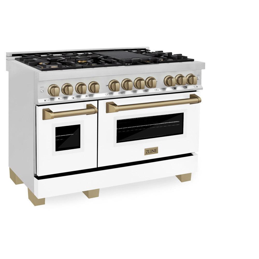 ZLINE Autograph Edition 48-Inch Dual Fuel Range, 6.0 cu. ft. Oven Capacity, White Matte Finish with Bronze Accents (Model RAZ-WM-48-CB)