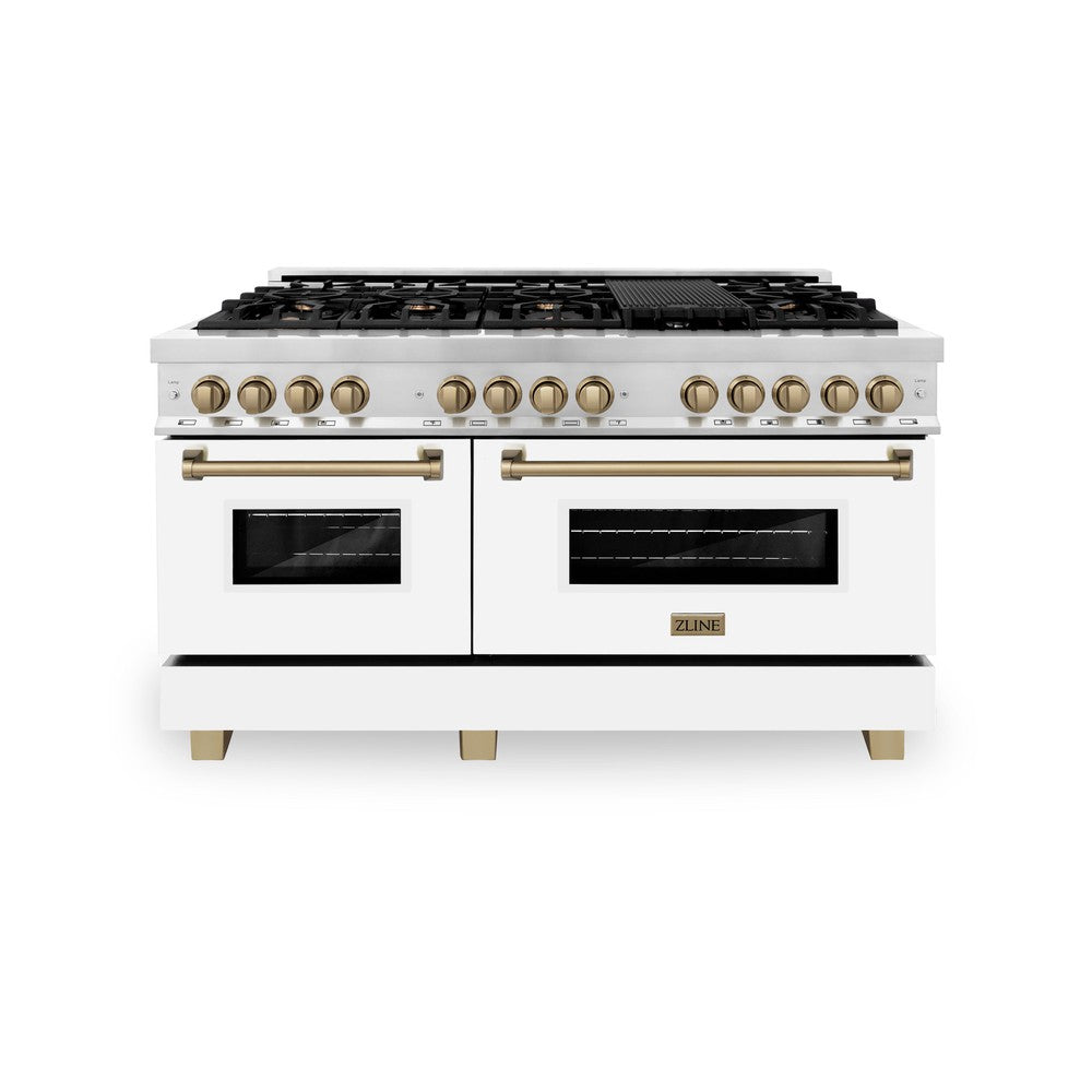 ZLINE Autograph Edition 60 in. Dual Fuel Range 7.4 cu. ft. Gas Cooktop & Electric Convection Oven with White Matte Door and Champagne Bronze Accents (RAZ-WM-60-CB)