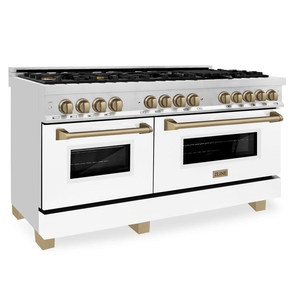 ZLINE Autograph Edition 60 in. Dual Fuel Range 7.4 cu. ft. Gas Cooktop & Electric Convection Oven with White Matte Door and Champagne Bronze Accents (RAZ-WM-60-CB)