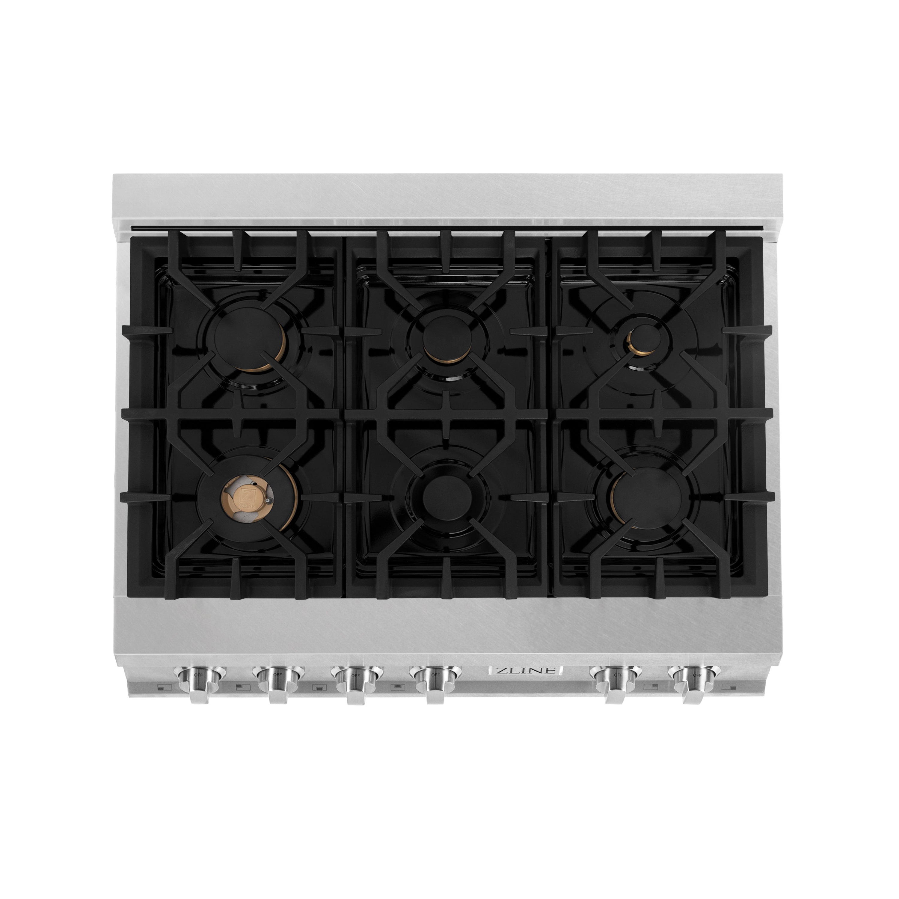 ZLINE 36" Legacy Gas Rangetop with 6 Brass Burners and Porcelain Cooktop in Satin Stainless Steel, RTS-BR-36