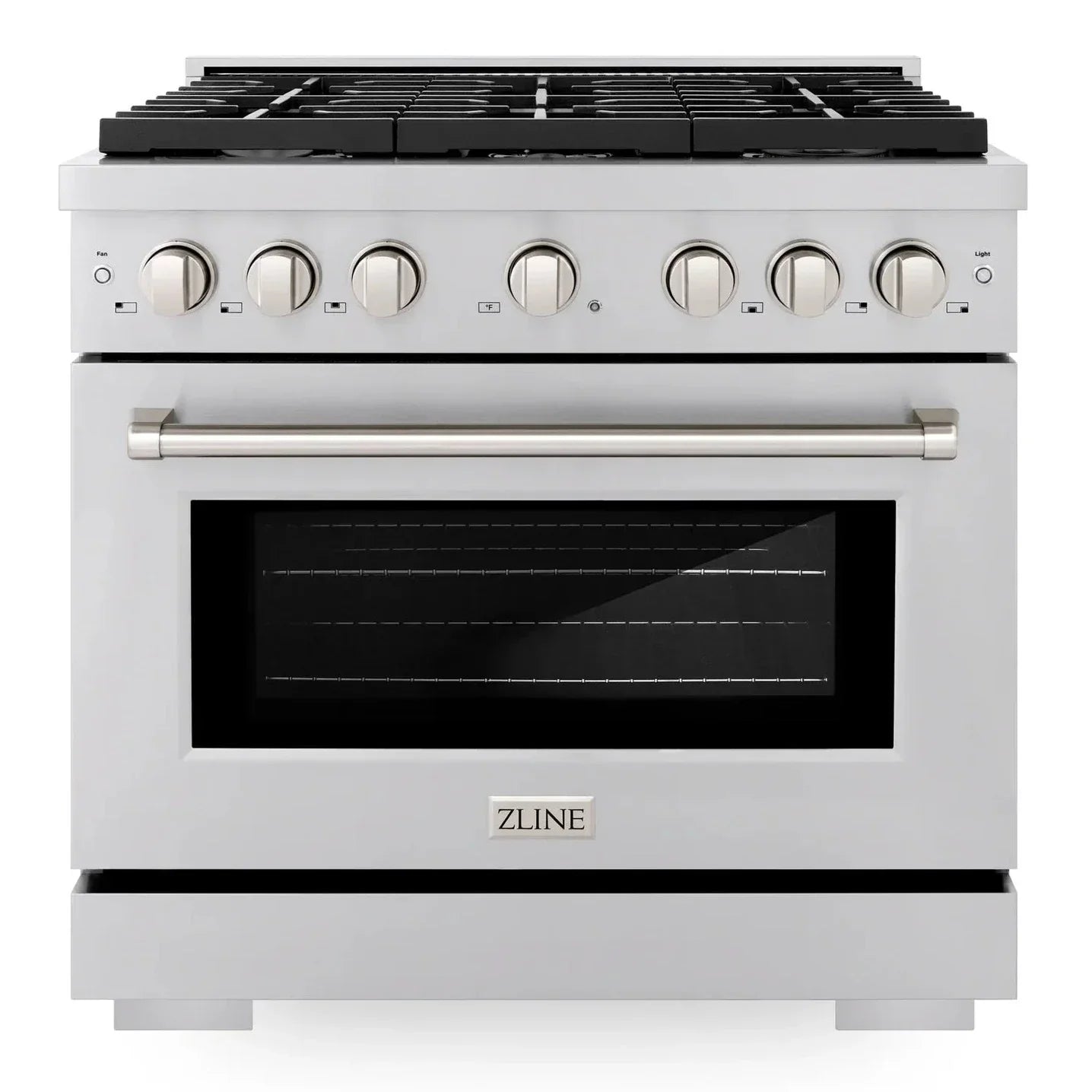 ZLINE Appliance Package - 36" Gas Range, Range Hood, 36" Refrigerator with Water/Ice Dispenser, 24" Microwave Drawer and Dishwasher in Stainless Steel