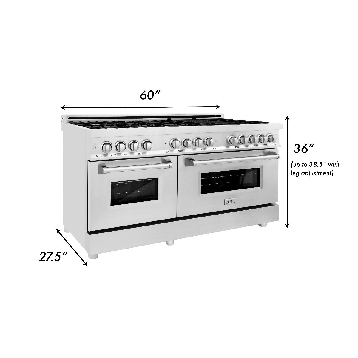 ZLINE 60" Professional Dual Fuel Range with Gas Cooktop and 7.4 cu. ft. Electric Oven in Stainless Steel (RA60)