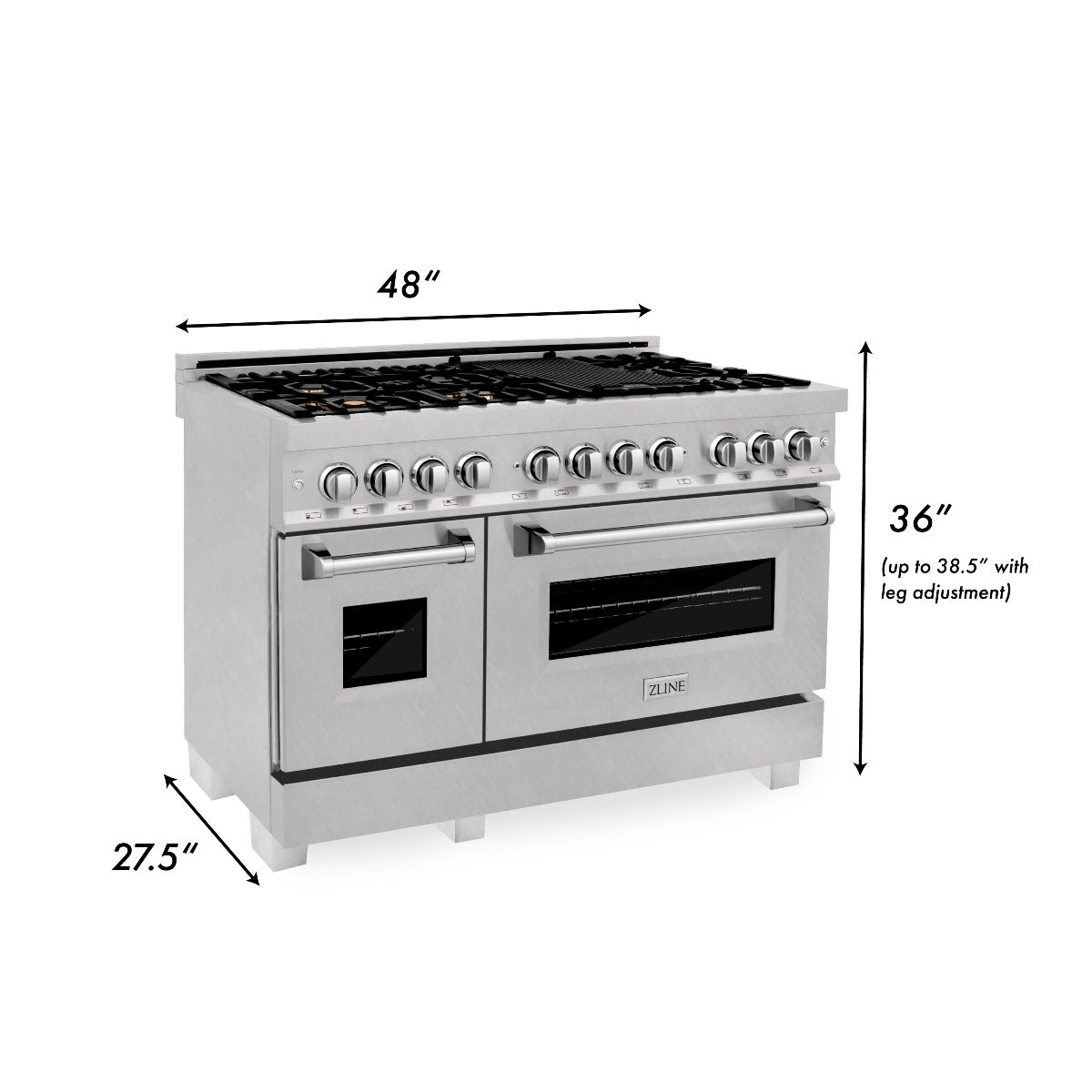 ZLINE 48 in Dual Fuel Range with 6 Sealed Brass Burners, Double Electric Convection Ovens, Satin Stainless Steel Door, 6.0 cu. ft. Total Capacity (RAS-SN-BR-48)