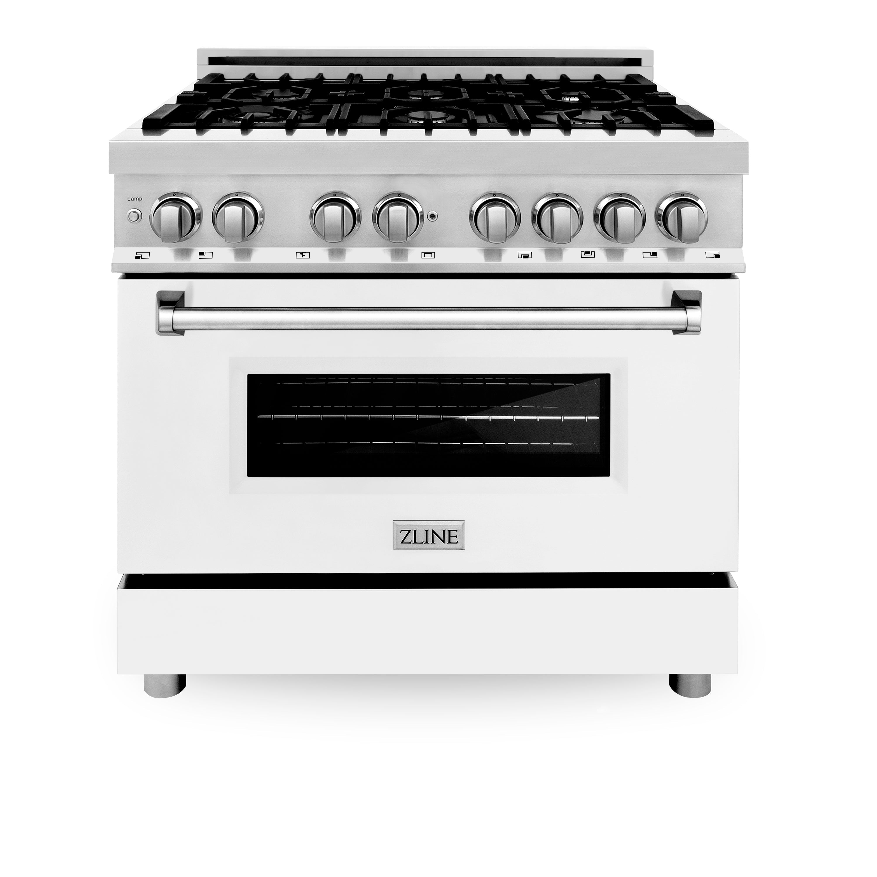 ZLINE 36-Inch Dual Fuel Range with Gas Cooktop, Electric Oven, Griddle, and White Matte Door in Stainless Steel, 4.6 cu. ft. (RA-WM-GR-36)