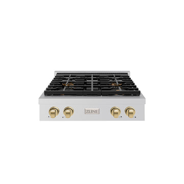 ZLINE Autograph Edition 30" Paramount Gas Rangetop with 4 Burner DuoPro™ Cooktop in Stainless Steel and Champagne Bronze Accents, PSRTZ-30-CB