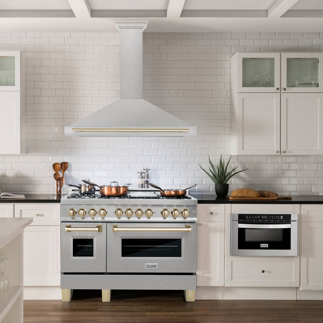 ZLINE 48 in. Wall Mount Range Hood Convertible Satin Stainless Steel Polished Gold Handle (KB4SNZ-48-G)