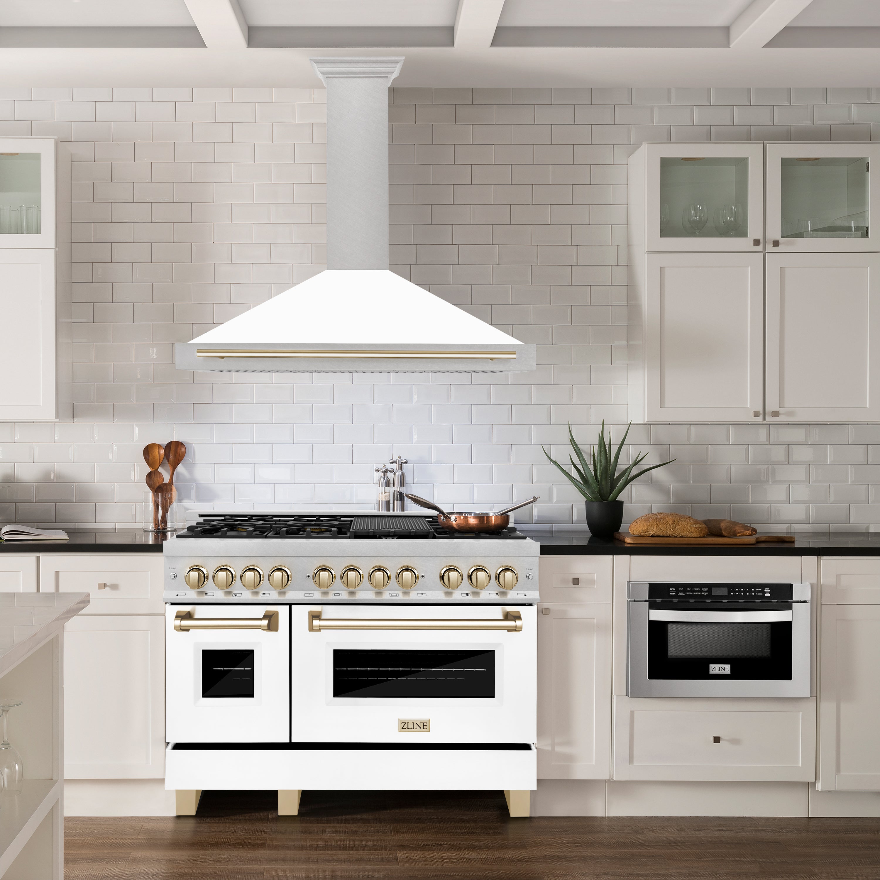 ZLINE 48 in. Wall Mount Range Hood Convertible Satin Stainless Steel White Matte Shell Polished Gold Handle KB4SNZ-WM48-G
