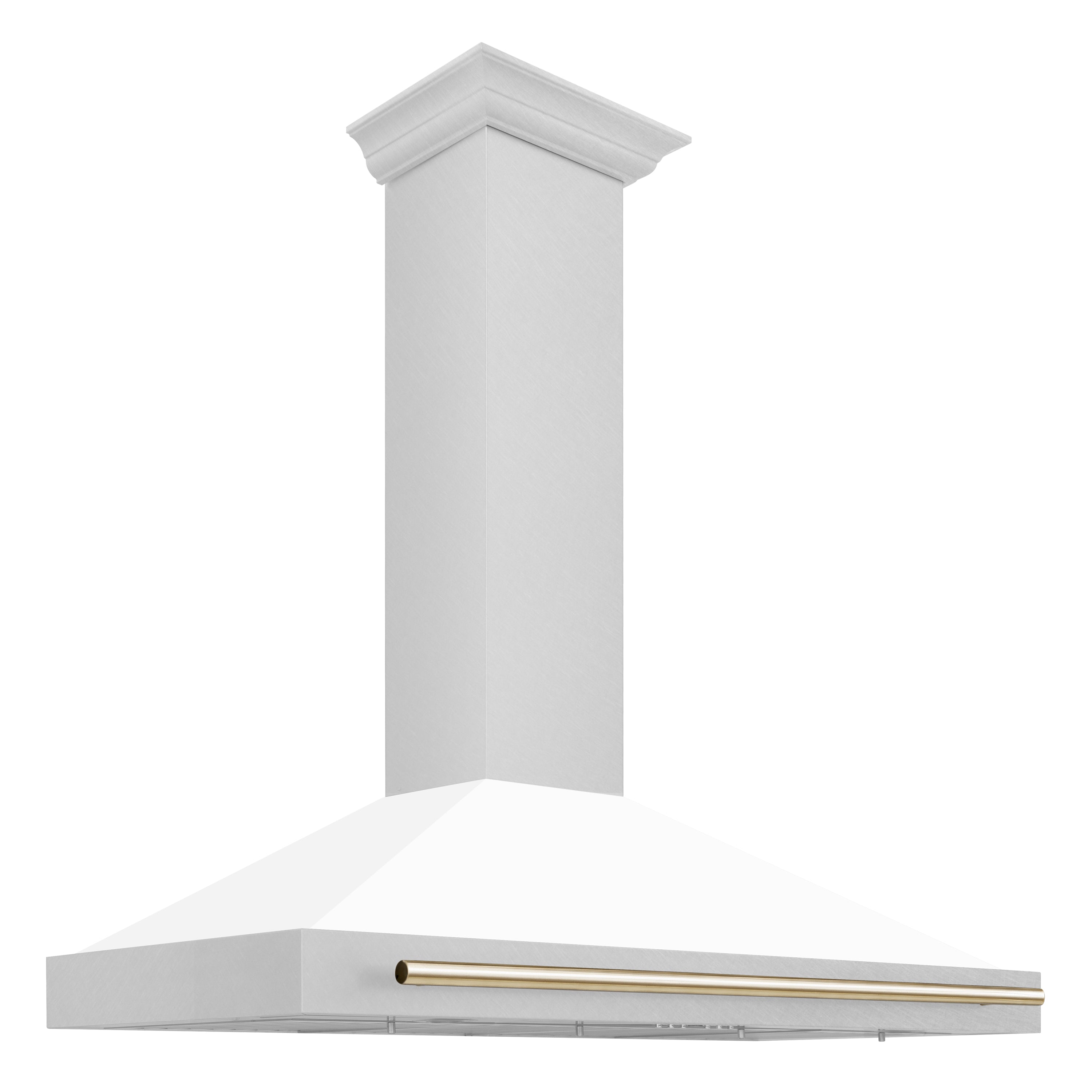 ZLINE 48 in. Wall Mount Range Hood Convertible Satin Stainless Steel White Matte Shell Polished Gold Handle KB4SNZ-WM48-G