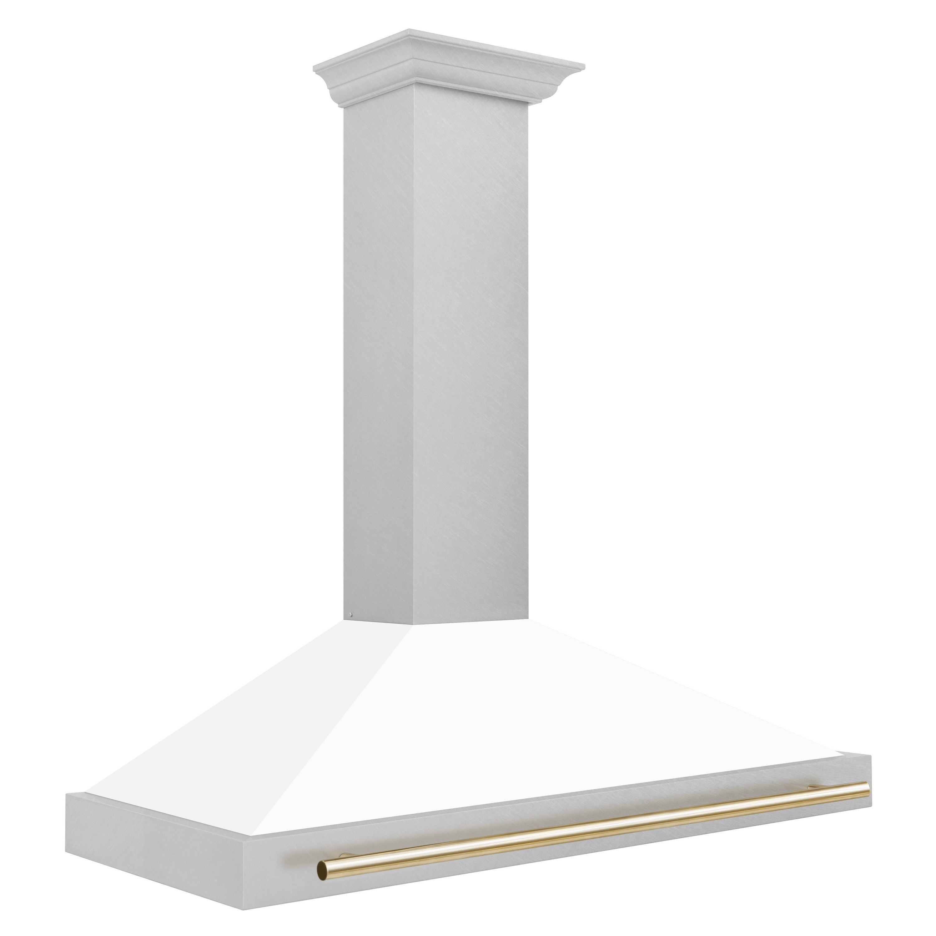 ZLINE 48 in. Wall Mount Range Hood Convertible Satin Stainless Steel White Matte Shell Polished Gold Handle KB4SNZ-WM48-G