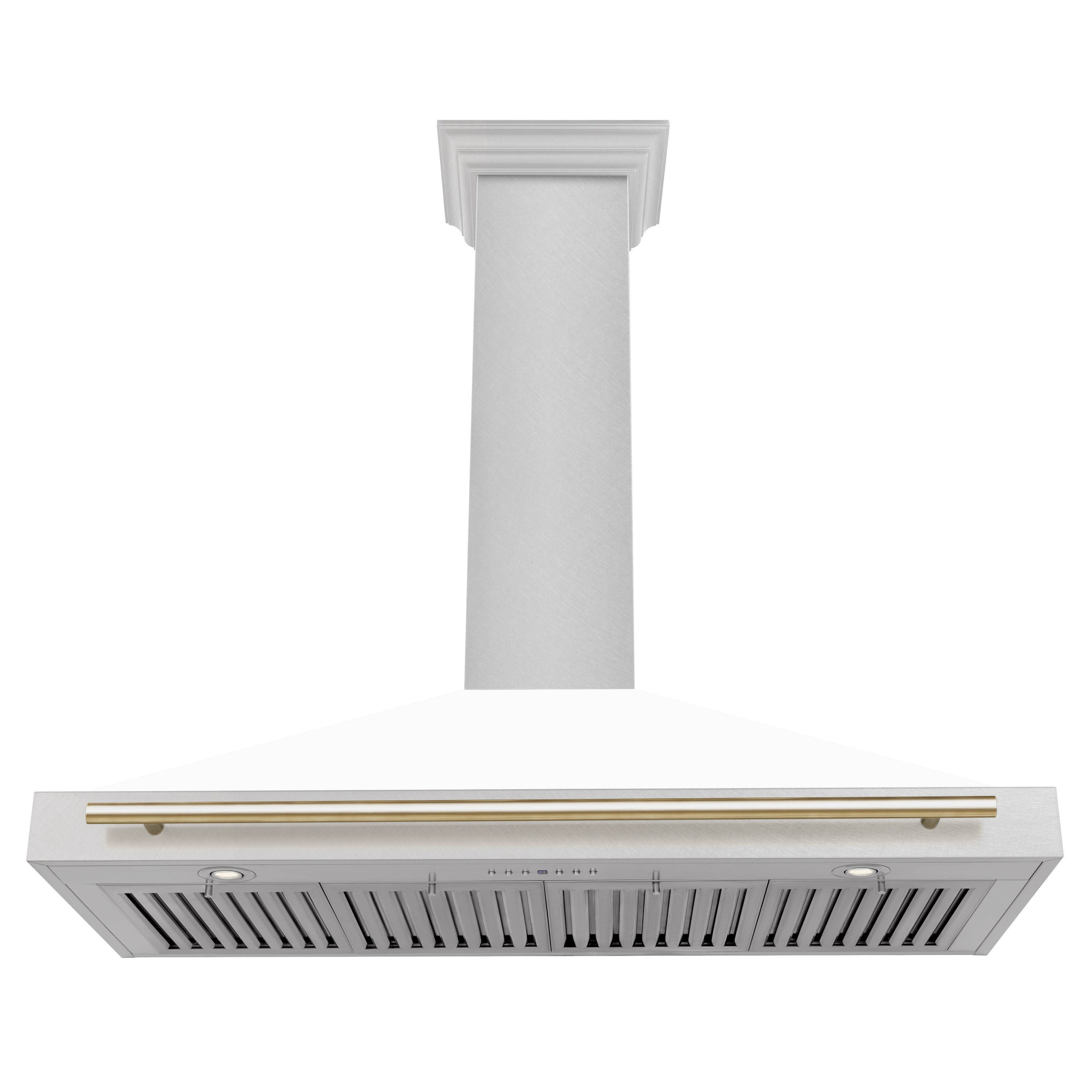 ZLINE 48 in. Wall Mount Range Hood Convertible Satin Stainless Steel White Matte Shell Polished Gold Handle KB4SNZ-WM48-G