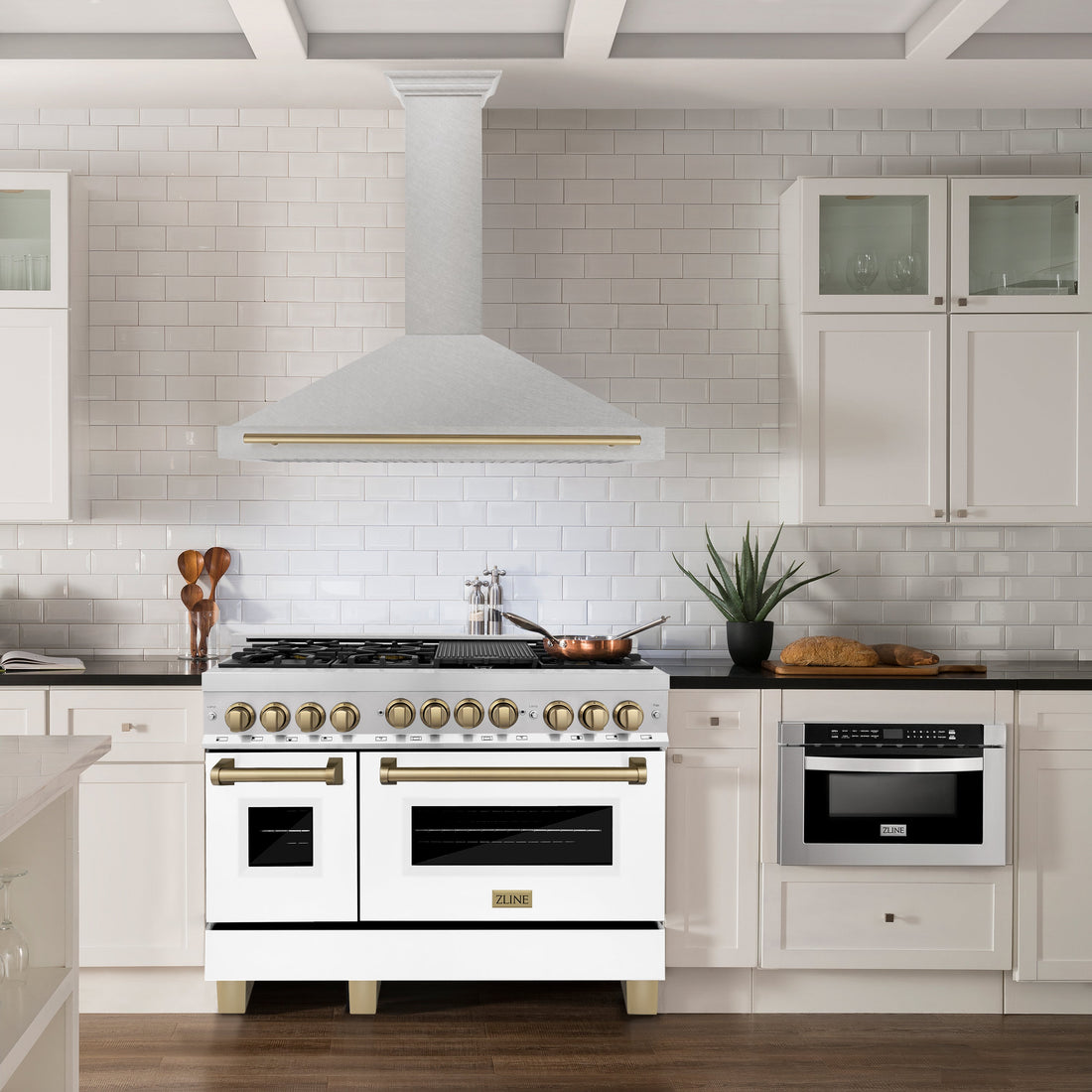 ZLINE 48 in. Wall Mount Range Hood Convertible Satin Stainless Steel Champagne Bronze Handle (KB4SNZ-48-CB)