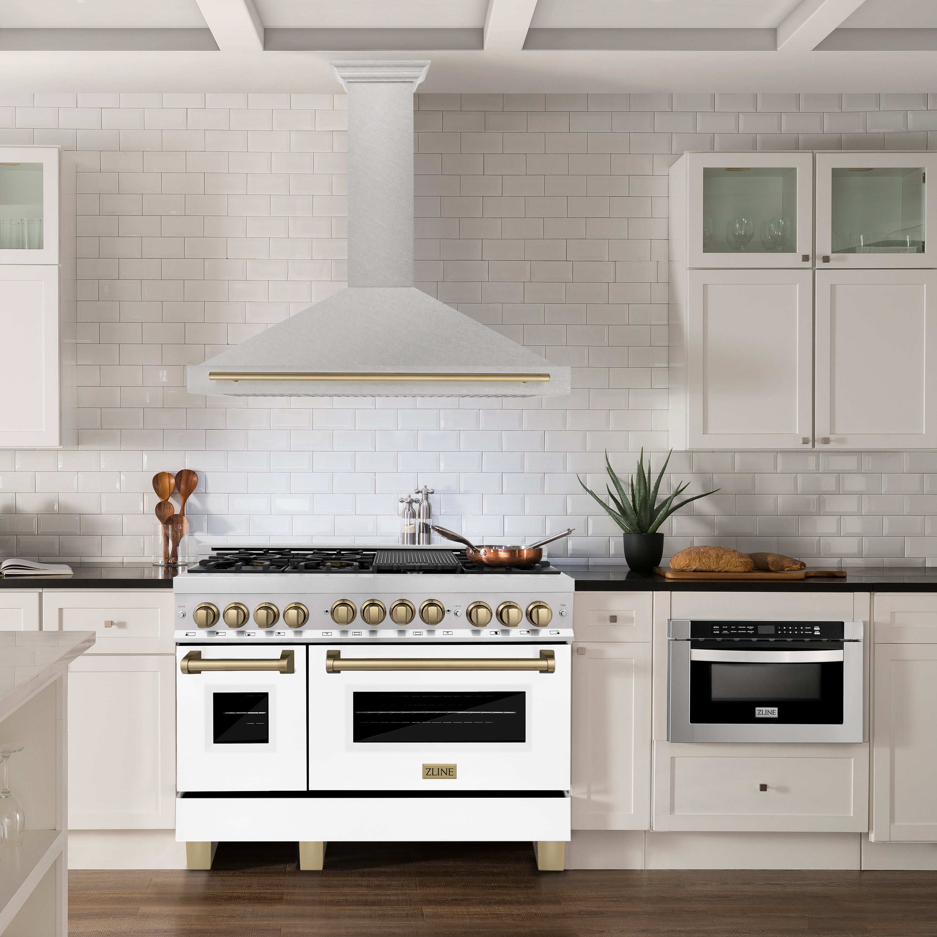 ZLINE 48 in. Wall Mount Range Hood Convertible Satin Stainless Steel Champagne Bronze Handle (KB4SNZ-48-CB)