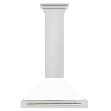 ZLINE 30 Inch Wall Mount Range Hood Stainless Steel White Matte Shell Gold Handle Autograph Edition 400 CFM (KB4STZ-WM30-G)