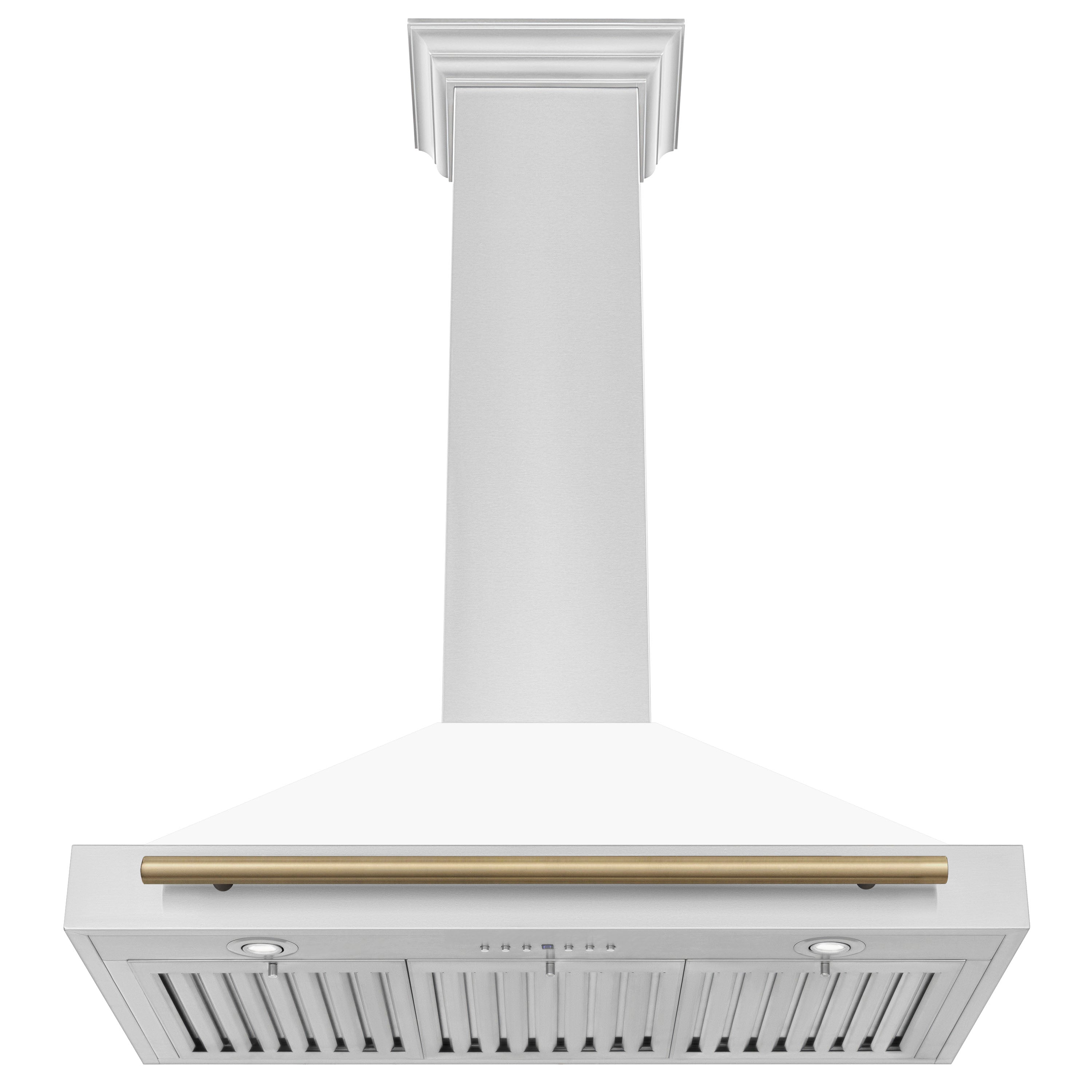 ZLINE 36 Inch Wall Mount Range Hood Stainless Steel White Matte Shell Champagne Bronze Handle Autograph Edition (KB4STZ-WM36-CB)