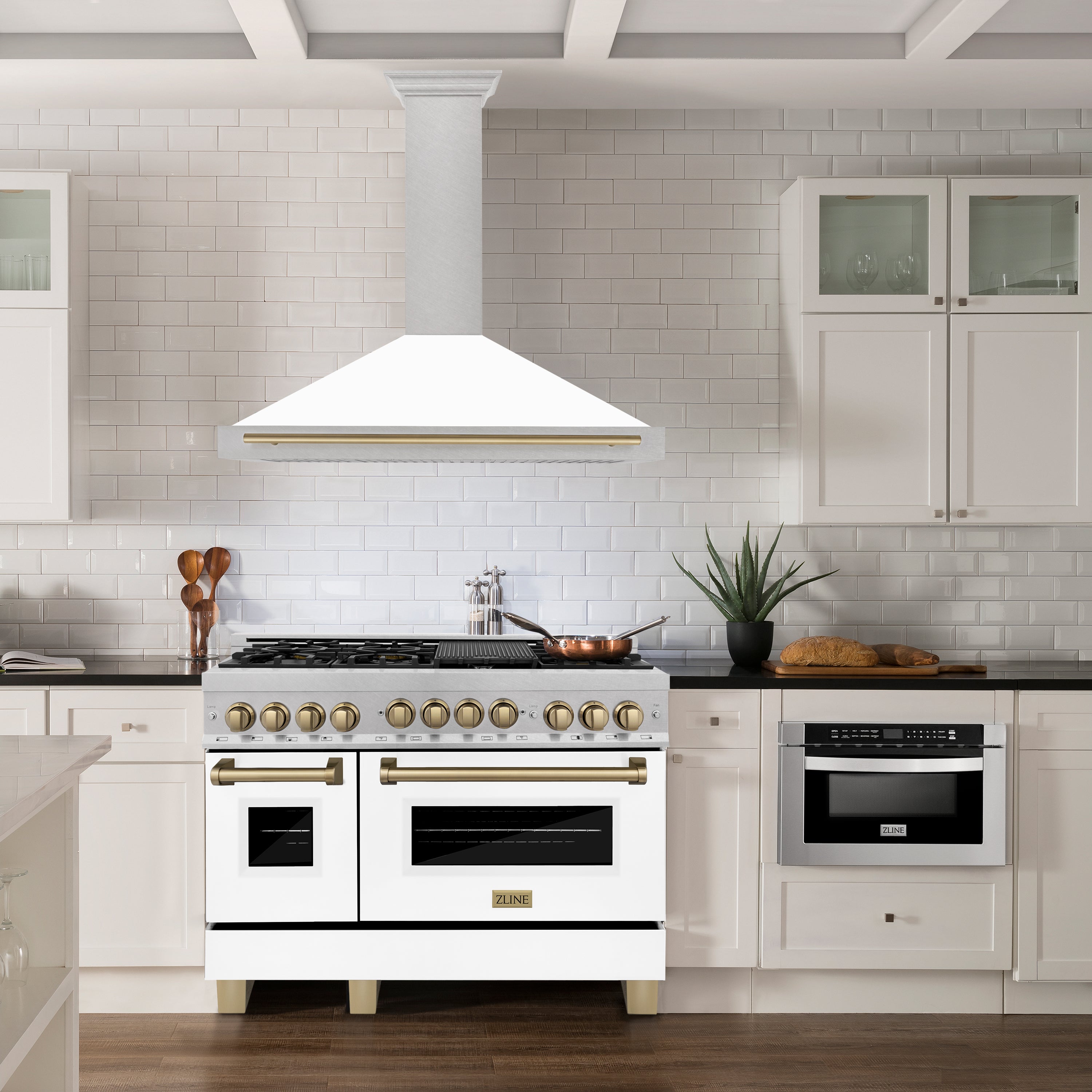 ZLINE 48 in Wall Mount Range Hood Convertible Satin Stainless Steel White Matte Shell Champagne Bronze Handle (KB4SNZ-WM48-CB)