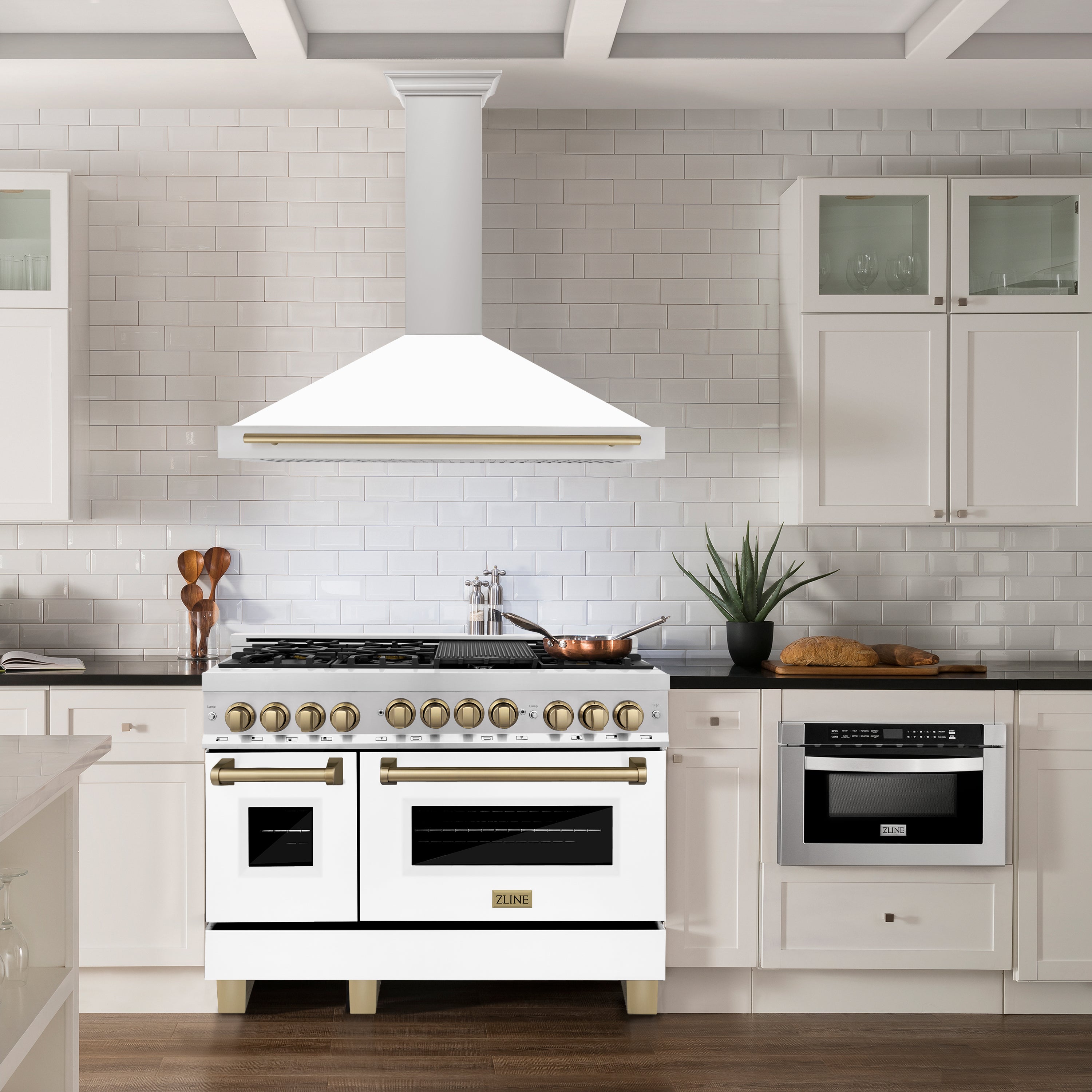 ZLINE 48 in. Wall Mount Range Hood Stainless Steel White Matte Shell Champagne Bronze Handle KB4STZ-WM48-CB
