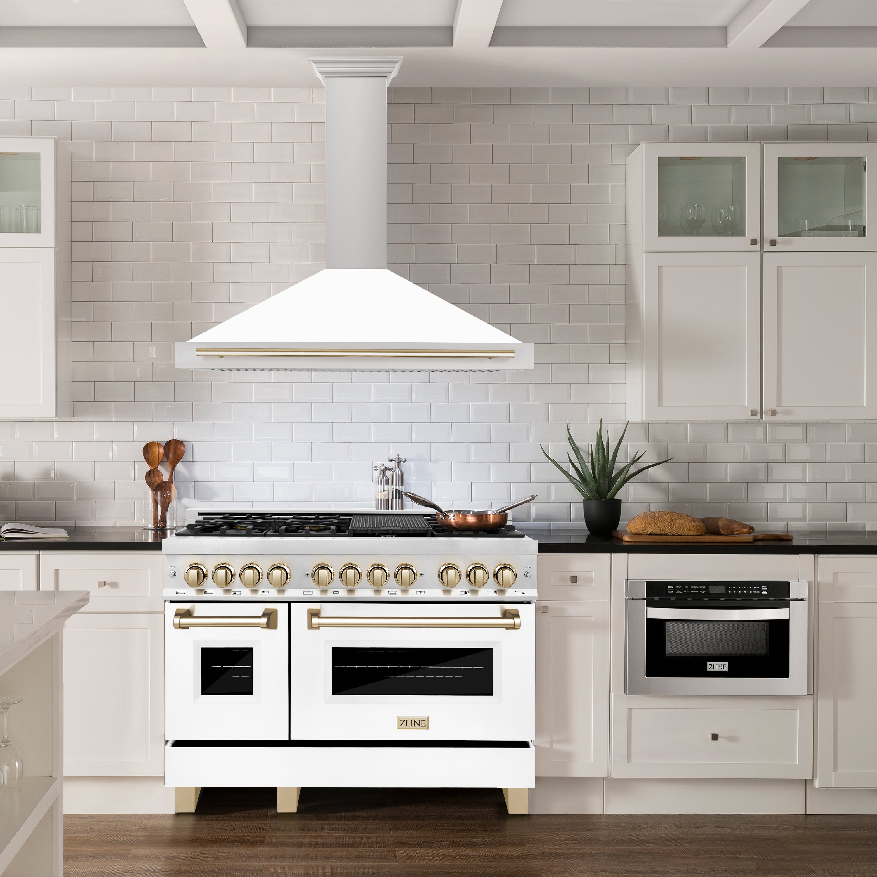 ZLINE 48 in. Range Hood Autograph Edition Stainless Steel White Matte Shell Gold Handle KB4STZ-WM48-G