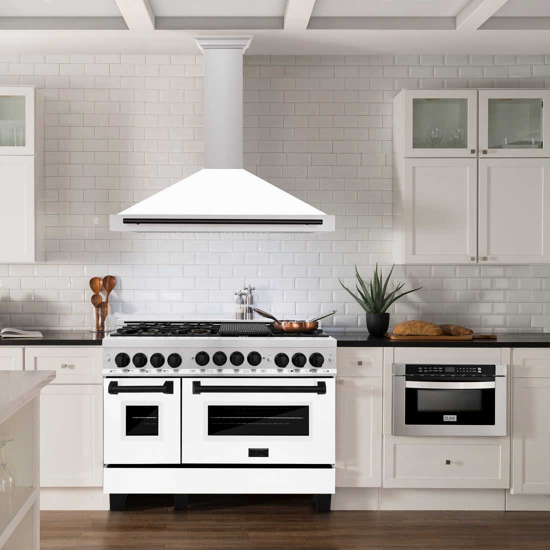 ZLINE 48 in. Wall Mount Range Hood Stainless Steel White Matte Shell Matte Black Handle KB4STZ-WM48-MB