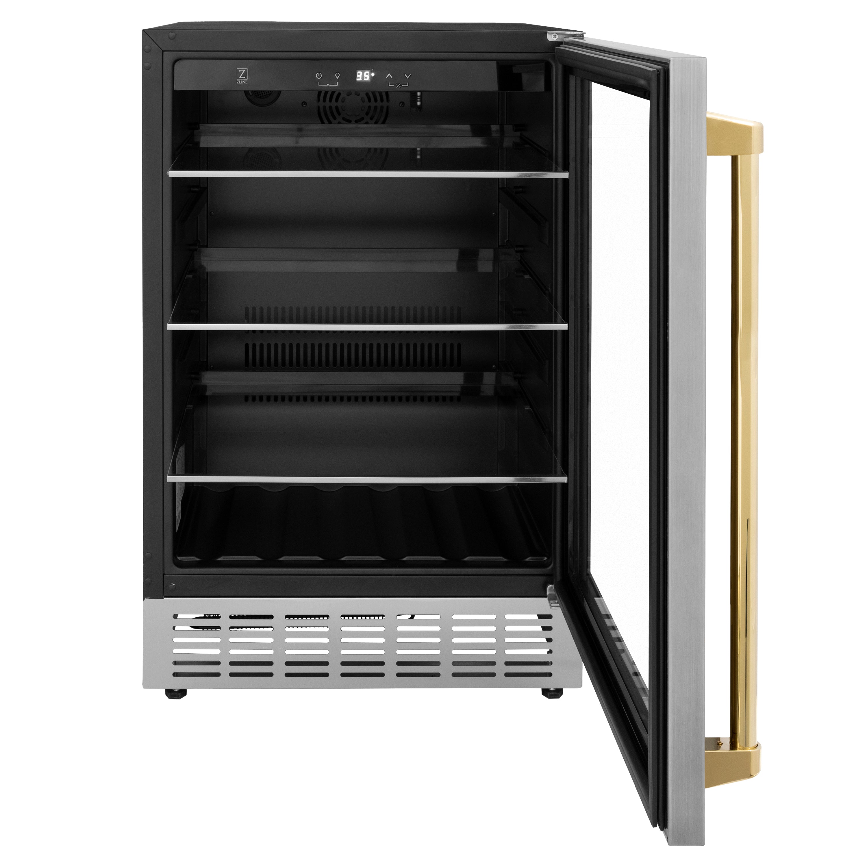 ZLINE Autograph 24" Monument 154 Can Beverage Fridge in Stainless Steel with Gold Accents, RBVZ-US-24-G