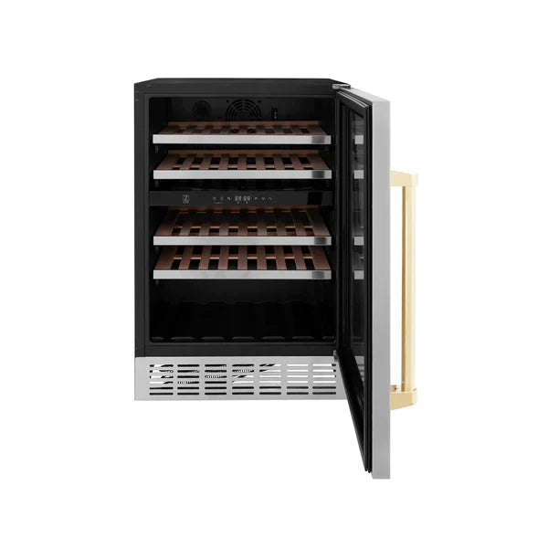 ZLINE Autograph 24" Monument Dual Zone 44-Bottle Wine Cooler in Stainless Steel with Gold Accents, RWVZ-UD-24-G