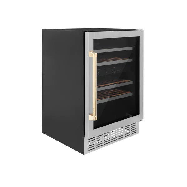 ZLINE Autograph 24" Monument Dual Zone 44-Bottle Wine Cooler in Stainless Steel with Gold Accents, RWVZ-UD-24-G