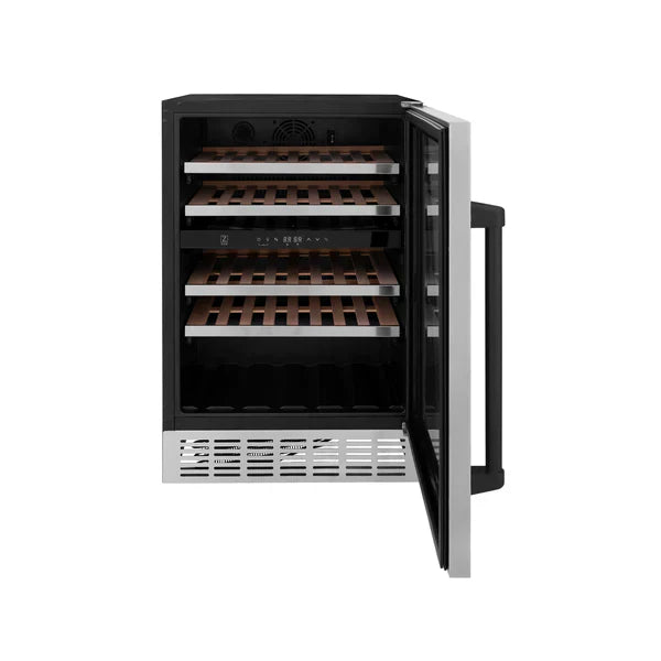 ZLINE Autograph 24" Monument Dual Zone 44-Bottle Wine Cooler in Stainless Steel with Matte Black Accents, RWVZ-UD-24-MB