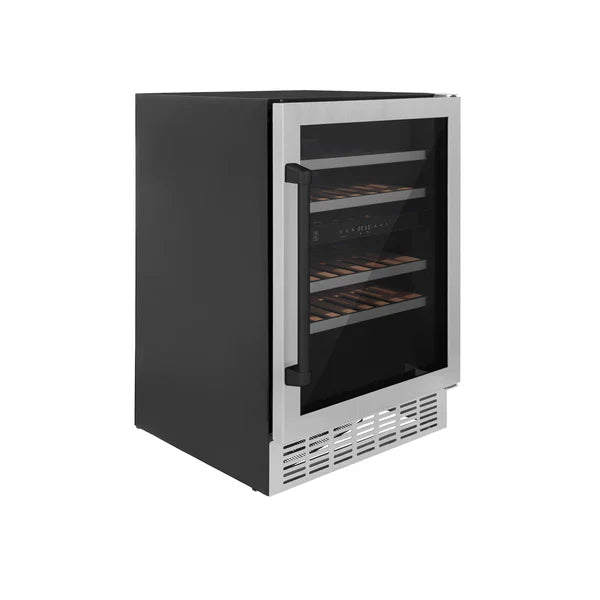 ZLINE Autograph 24" Monument Dual Zone 44-Bottle Wine Cooler in Stainless Steel with Matte Black Accents, RWVZ-UD-24-MB