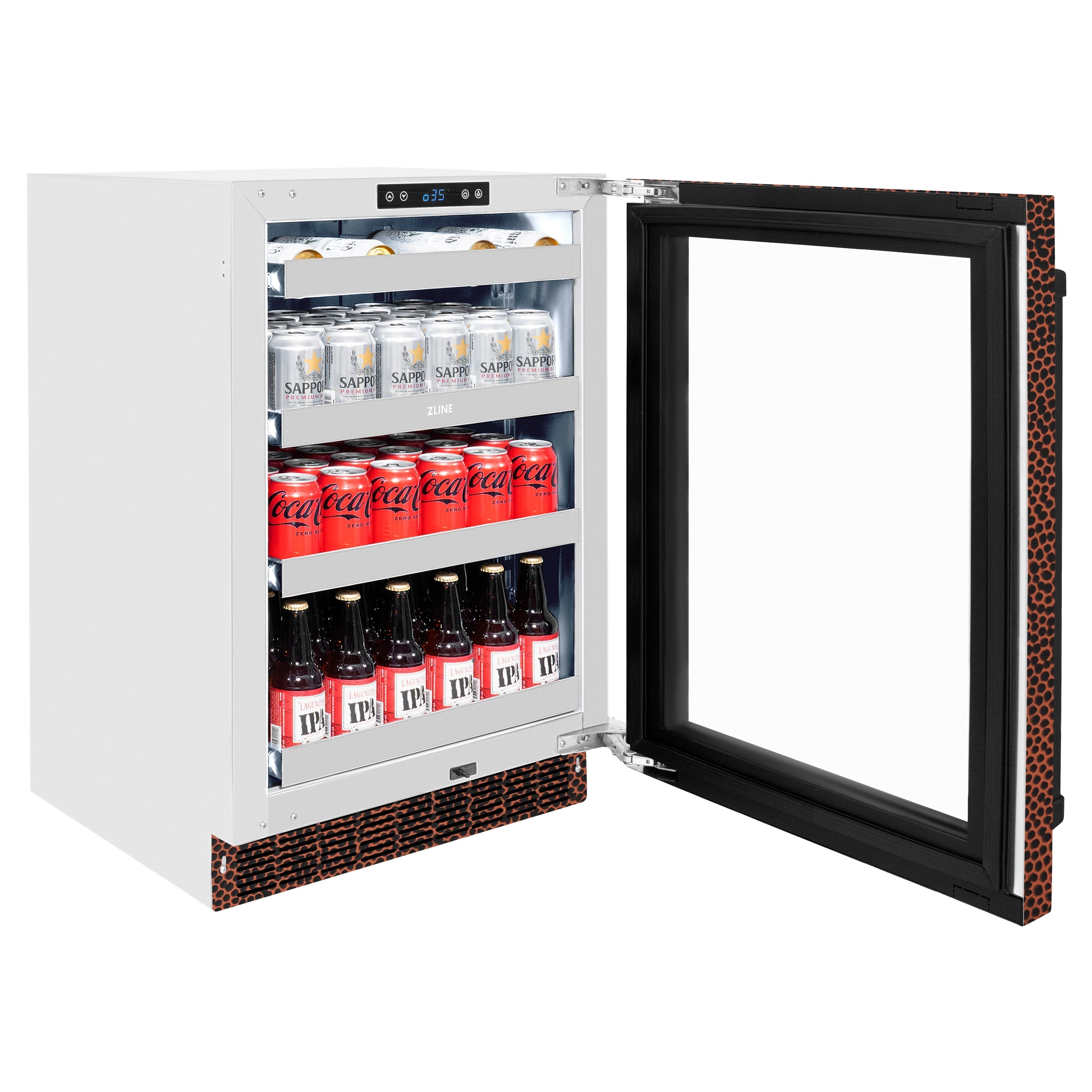 ZLINE 24" Touchstone 151 Can Beverage Fridge with Hand Hammered Copper Glass Door, RBSO-HH-24