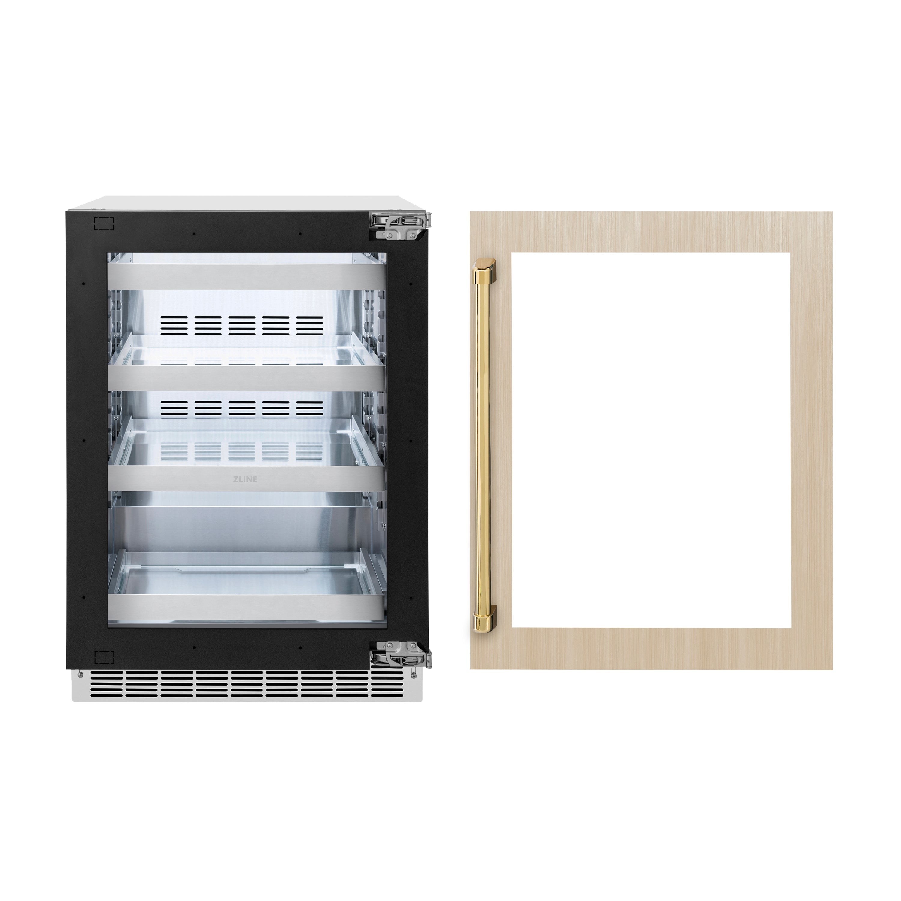 ZLINE Autograph 24" Touchstone 151 Can Beverage Fridge with Panel Ready Glass Door and Polished Gold Handle,  RBSPOZ-24-G