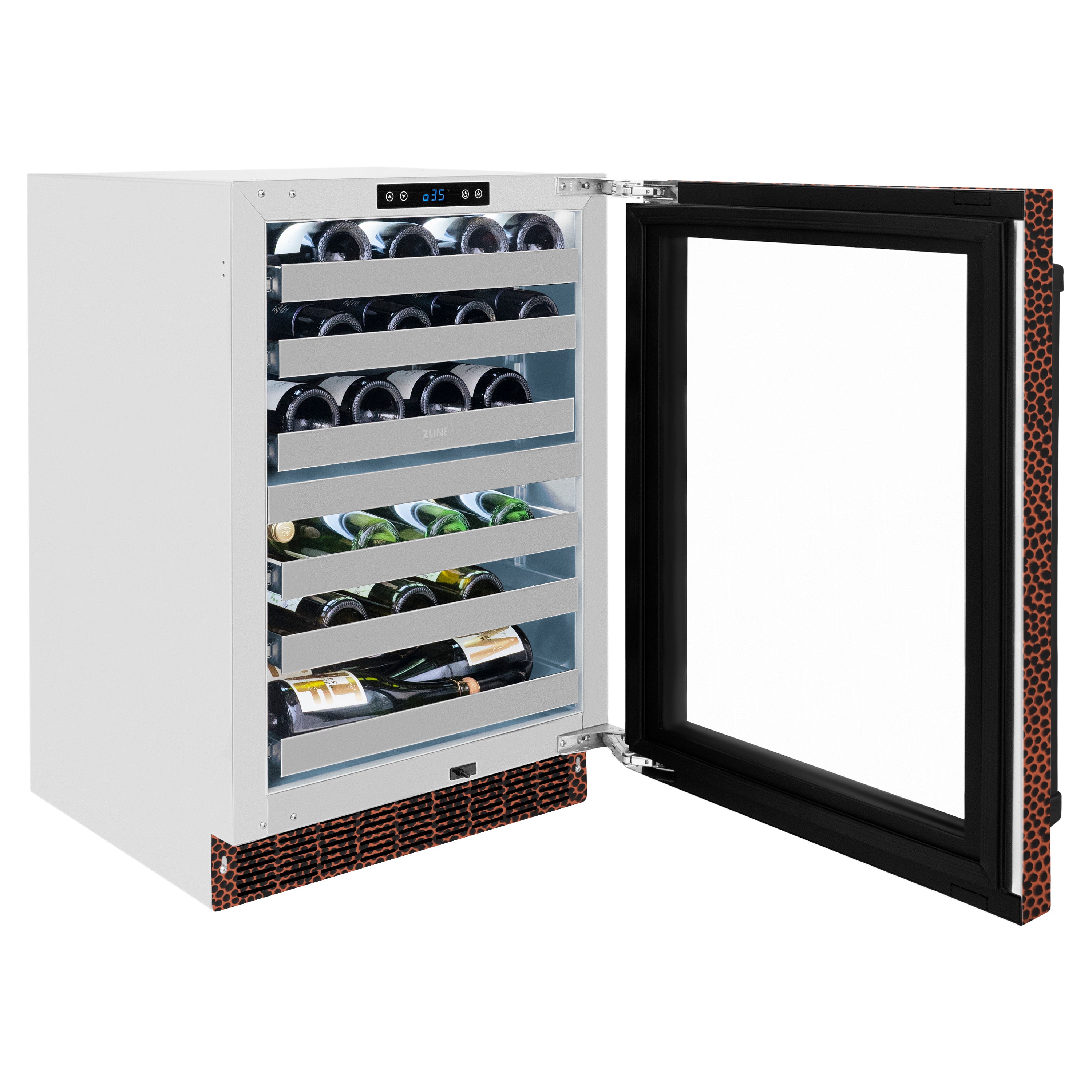 ZLINE 24" Touchstone Dual Zone 44 Bottle Wine Cooler with Hand Hammered Copper Glass Door, RWDO-HH-24