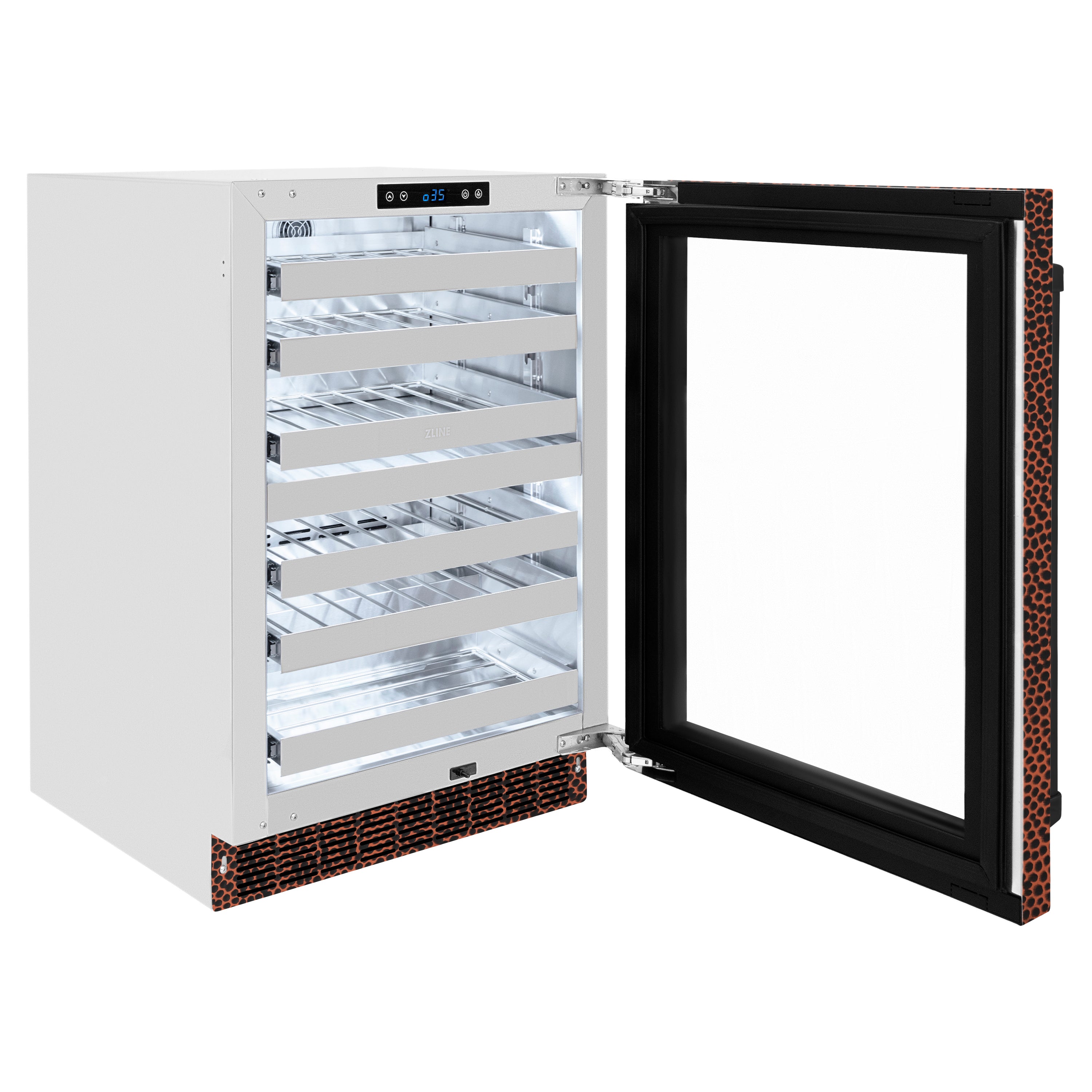 ZLINE 24" Touchstone Dual Zone 44 Bottle Wine Cooler with Hand Hammered Copper Glass Door, RWDO-HH-24